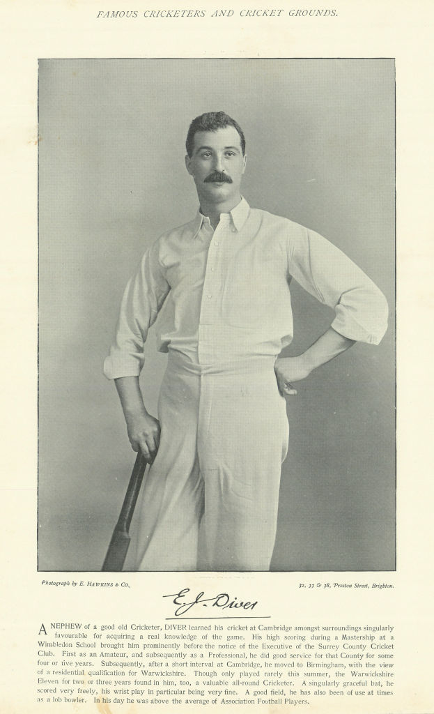 Associate Product Edwin James Diver. Middle-order batsman. Warwickshire cricketer 1895 old print