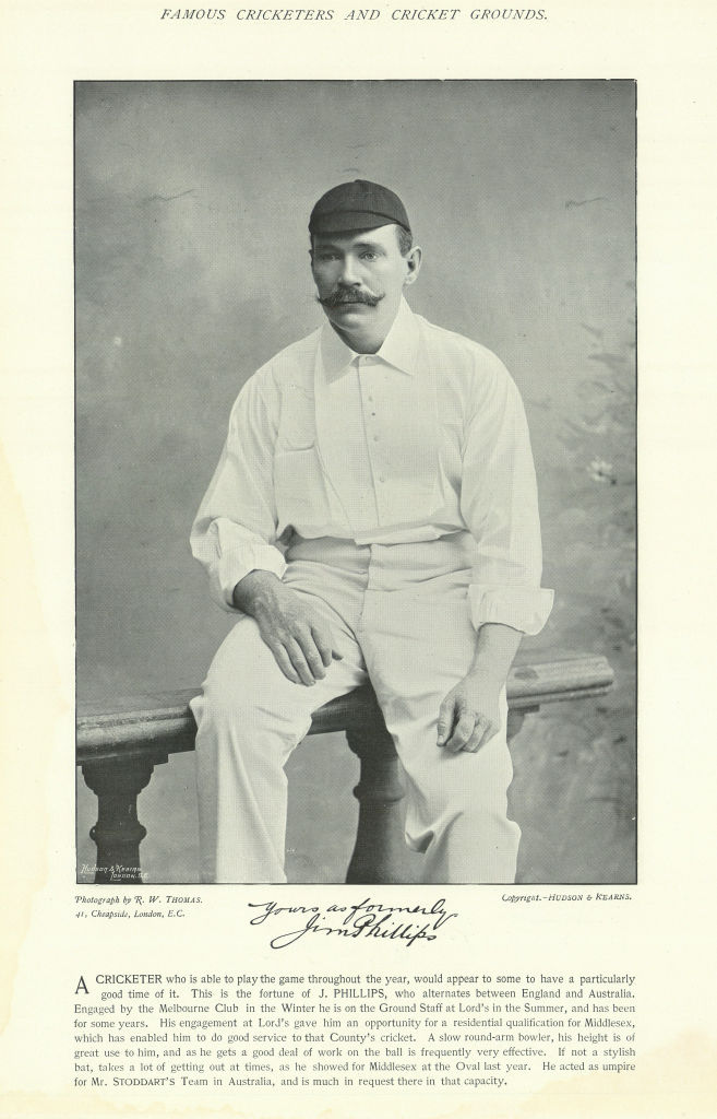 James "Jim" Phillips. All-rounder. Umpire. Middlesex cricketer 1895 old print