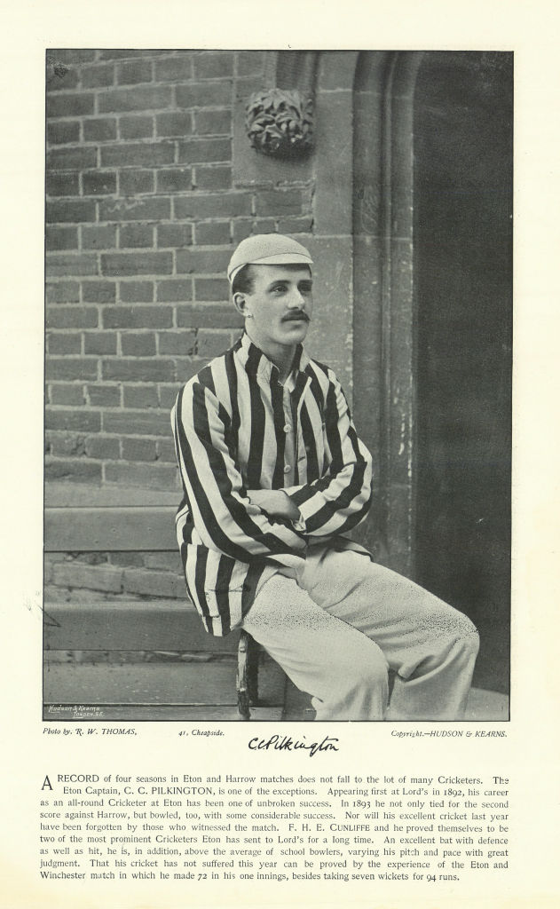 Charles Carlisle Pilkington. All-rounder. Eton cricketer 1895 old print