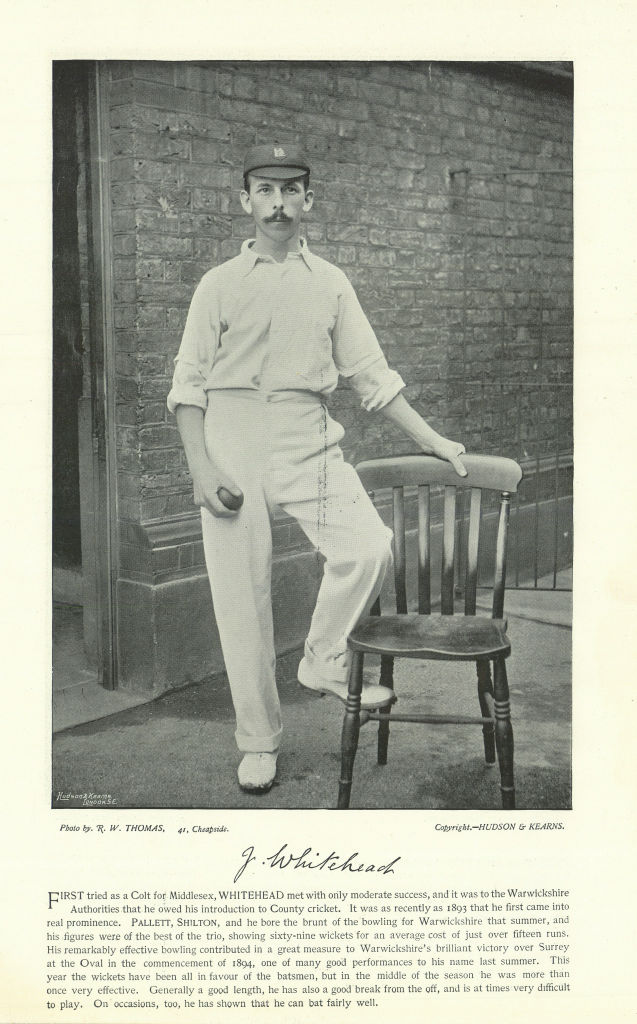 Associate Product Stephen Whitehead. Off-break/medium pace bowler. Warwickshire cricketer 1895