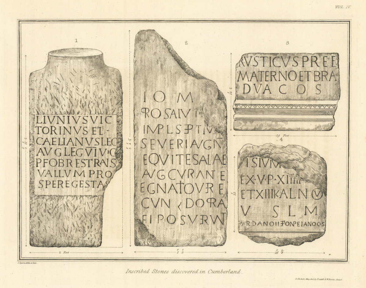 Inscribed Roman stones discovered in Cumberland. Cumbria 1816 old print