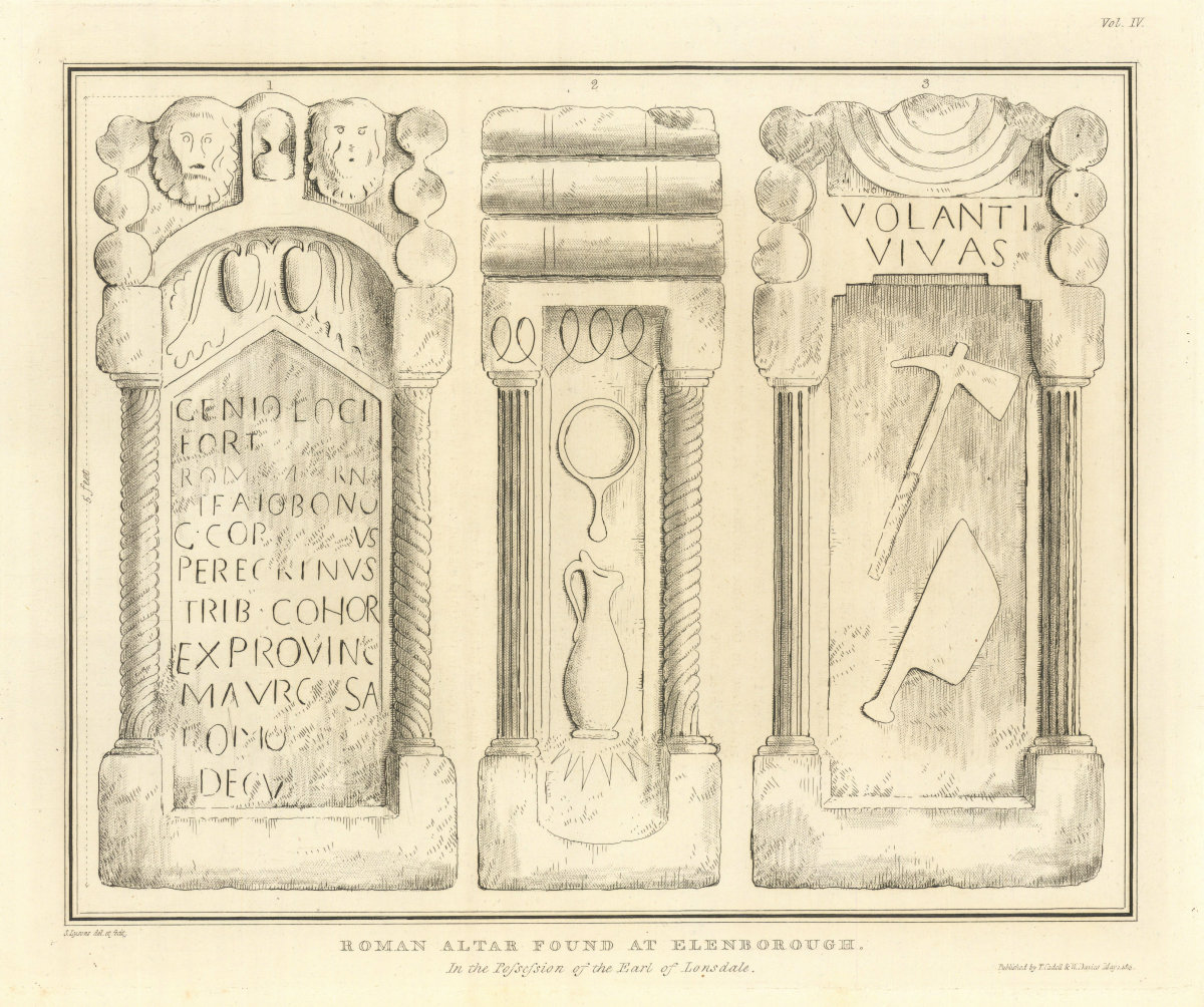 Roman altar found at Ellenborough, Maryport. Cumbria 1816 old antique print