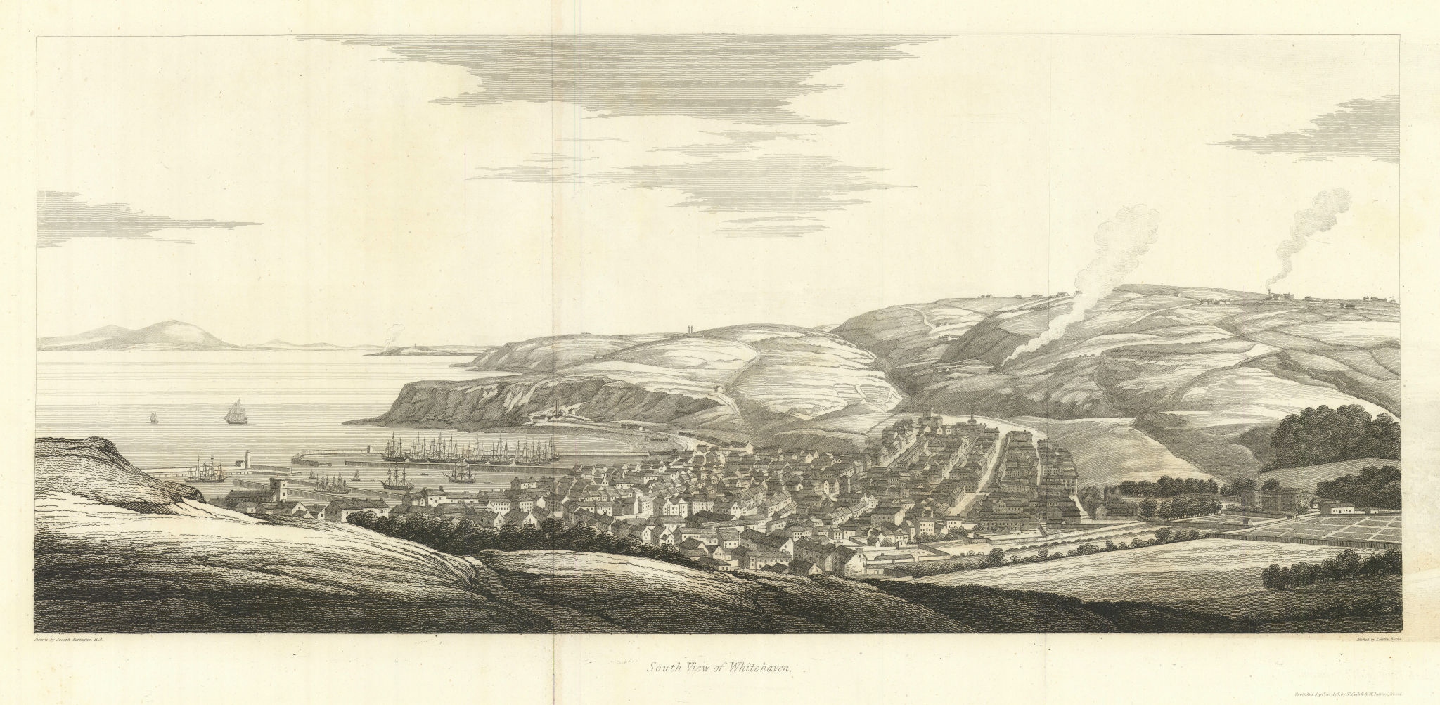 South view of Whitehaven, Cumbria. Panorama by Joseph Farington 1816 old print