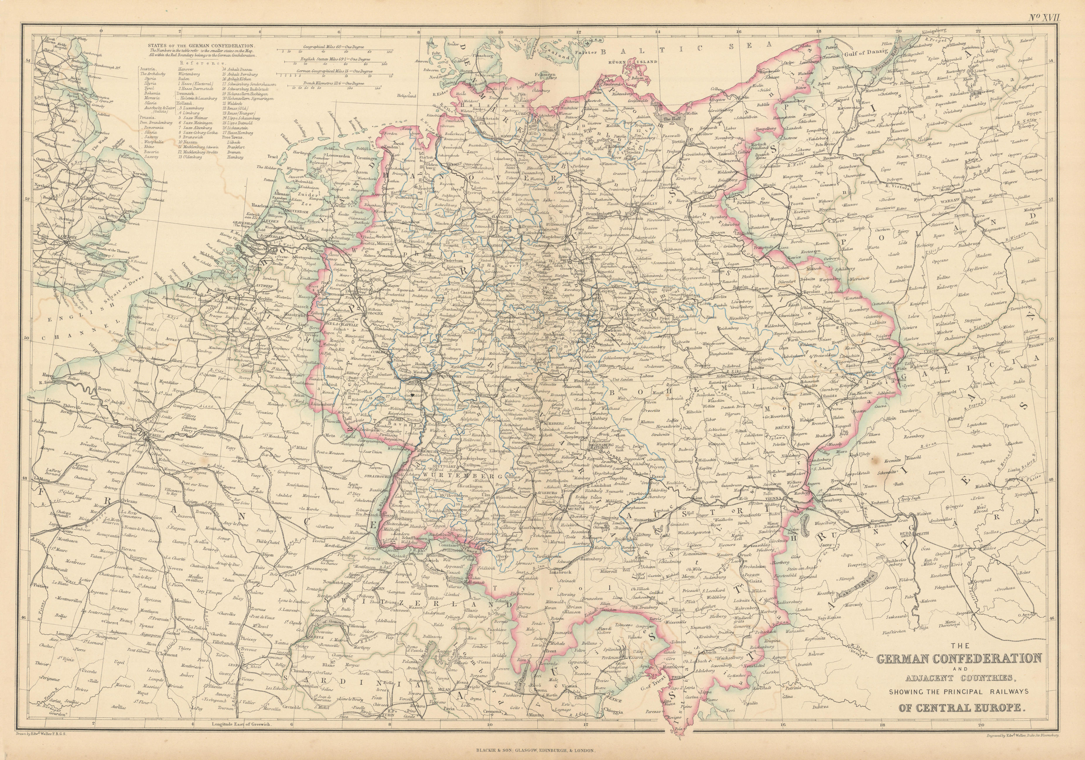 Associate Product German Confederation & Central Europe railways. WELLER 1859 old antique map