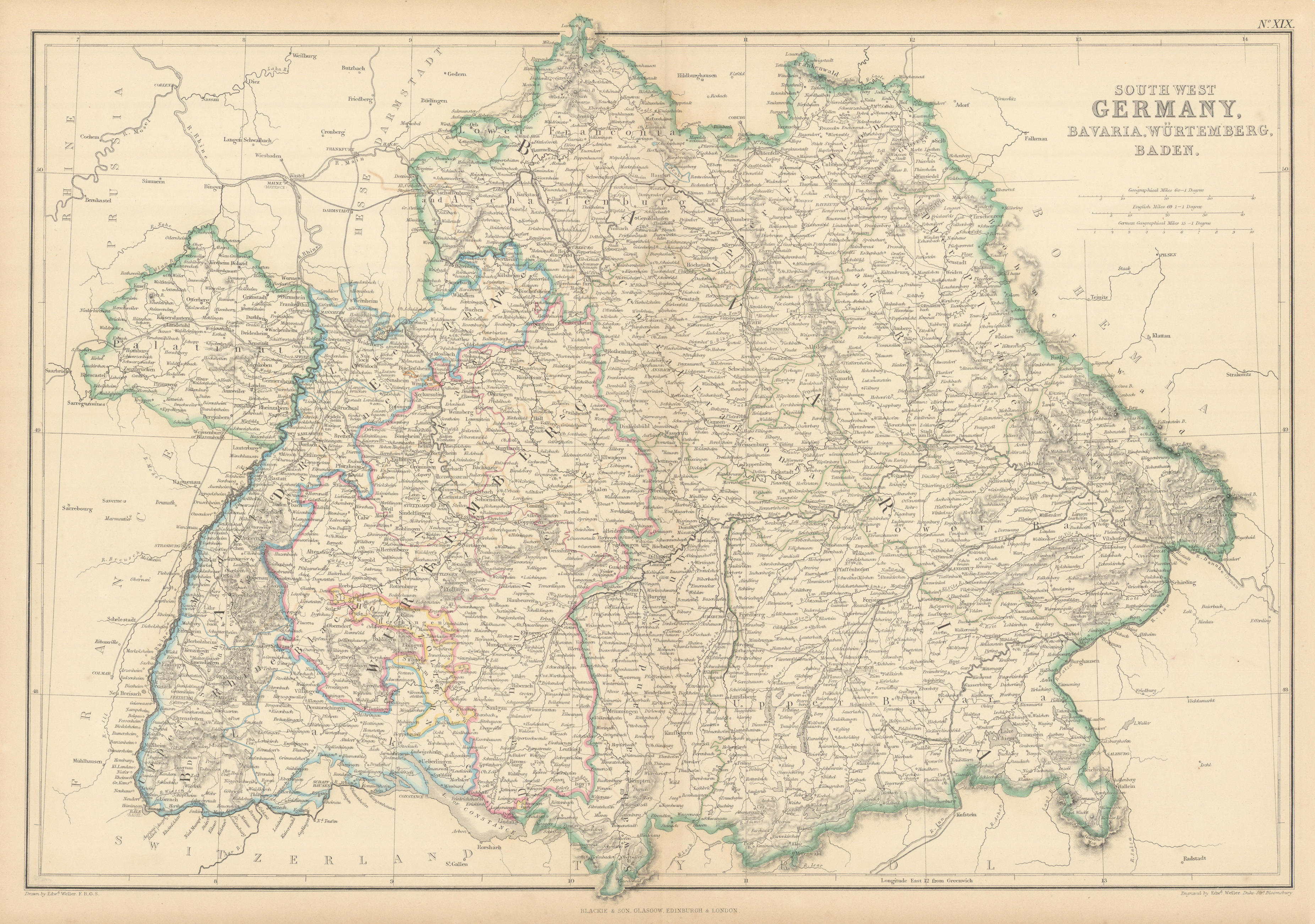 Associate Product South-West Germany, Bavaria, Würtemberg & Baden. Bayern. WELLER 1859 old map