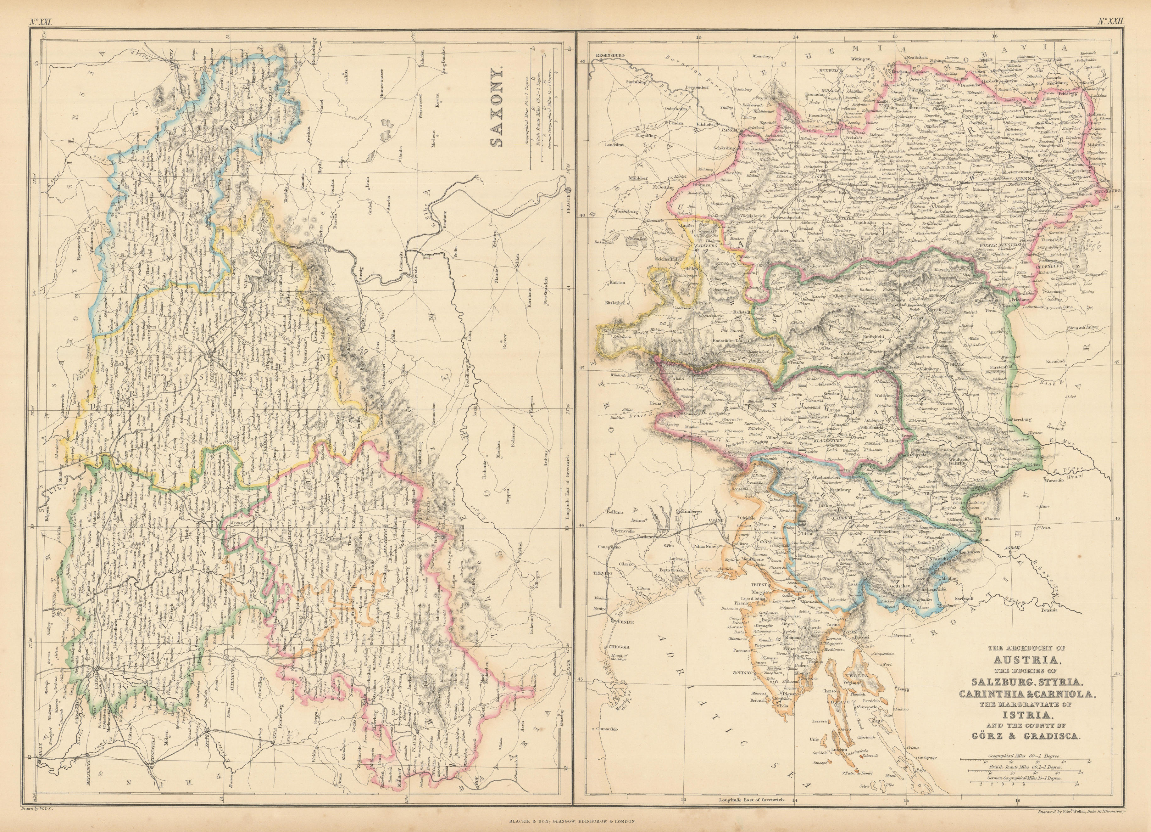 Associate Product Saxony. Archduchy of Austria. Salzburg, Styria… Slovenia Istria. WELLER 1859 map