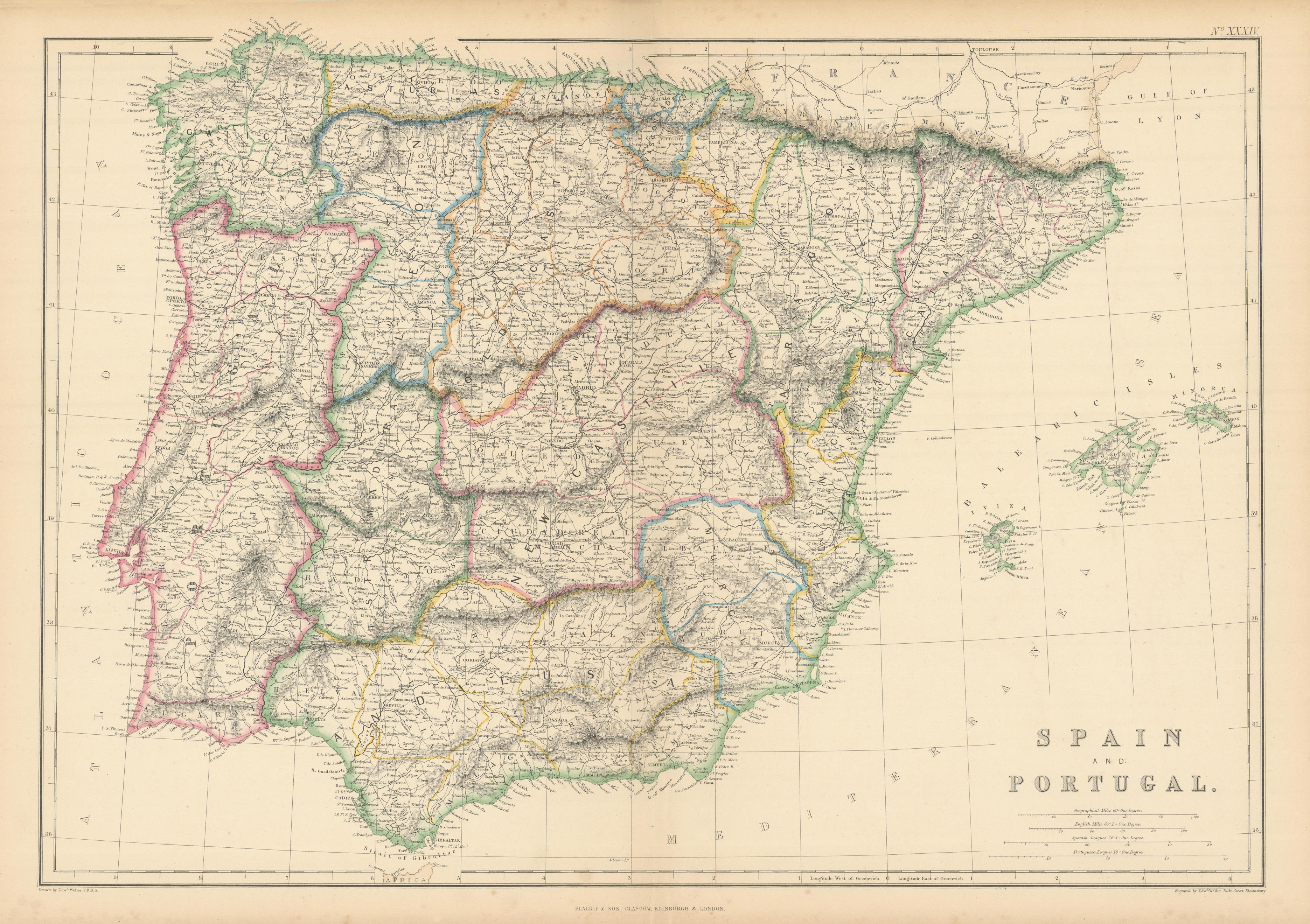 Spain and Portugal by Edward Weller. Iberia 1859 old antique map plan chart