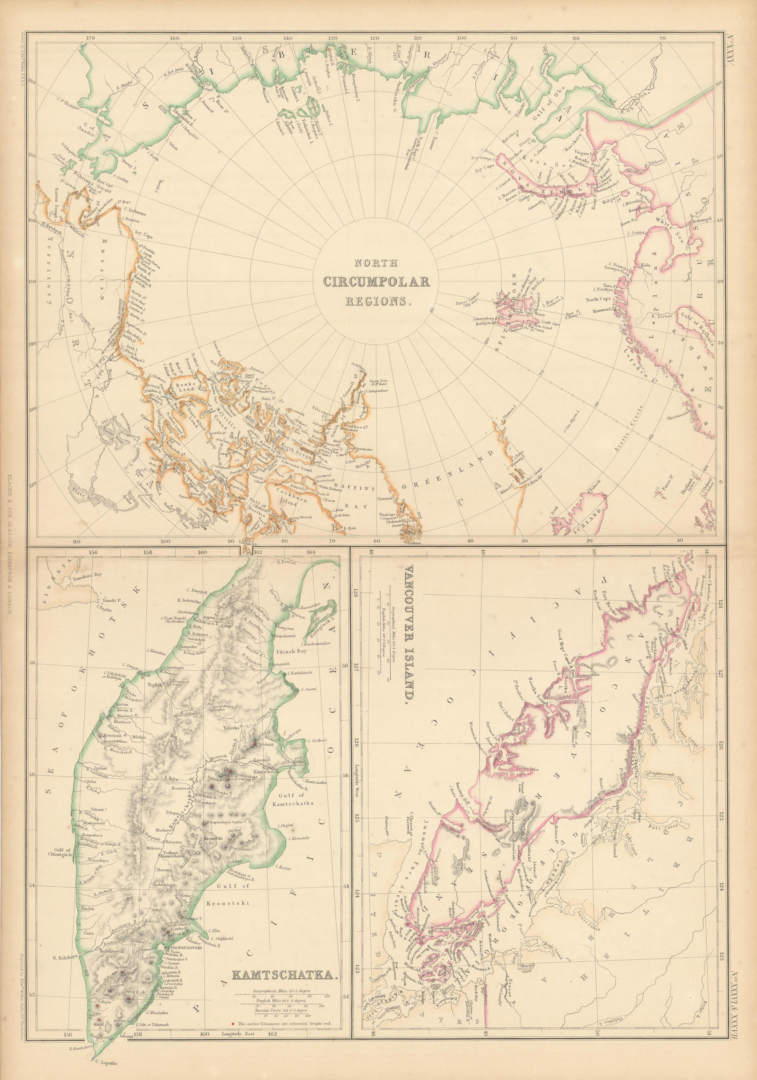 North Circumpolar Regions. Vancouver Island. Kamchatka volcanoes WELLER 1859 map
