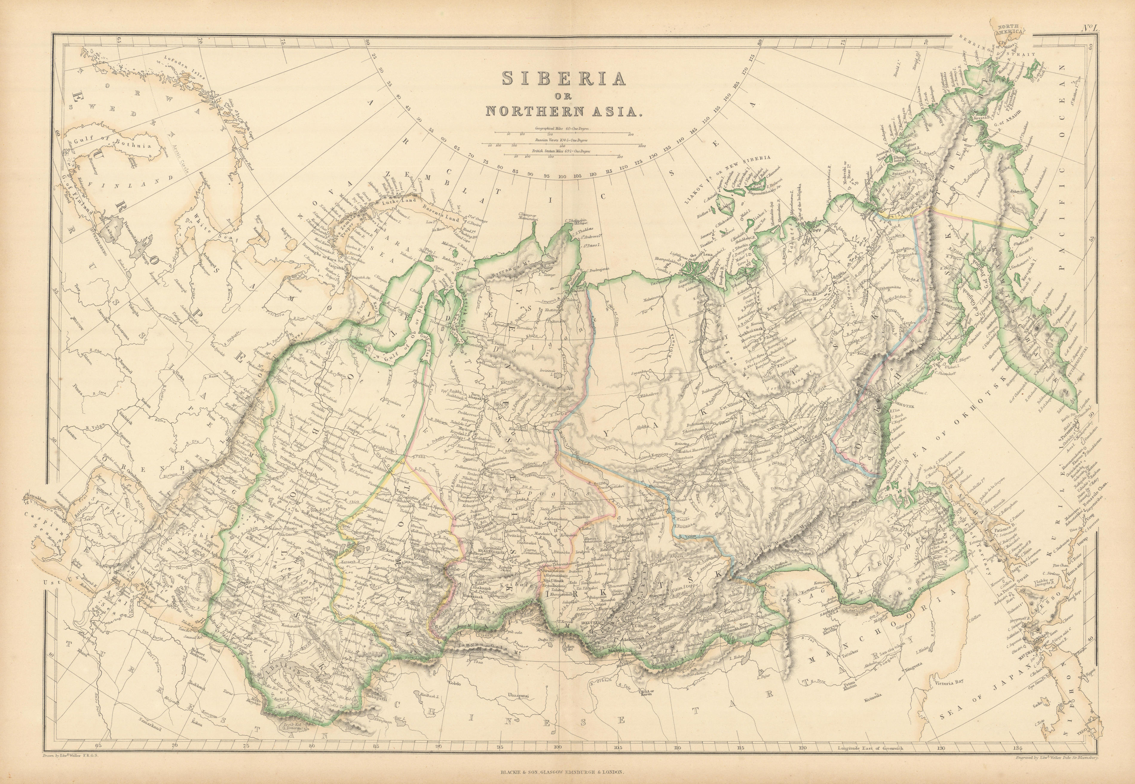 Siberia, or Northern Asia by Edward Weller. Russia in Asia 1859 old map