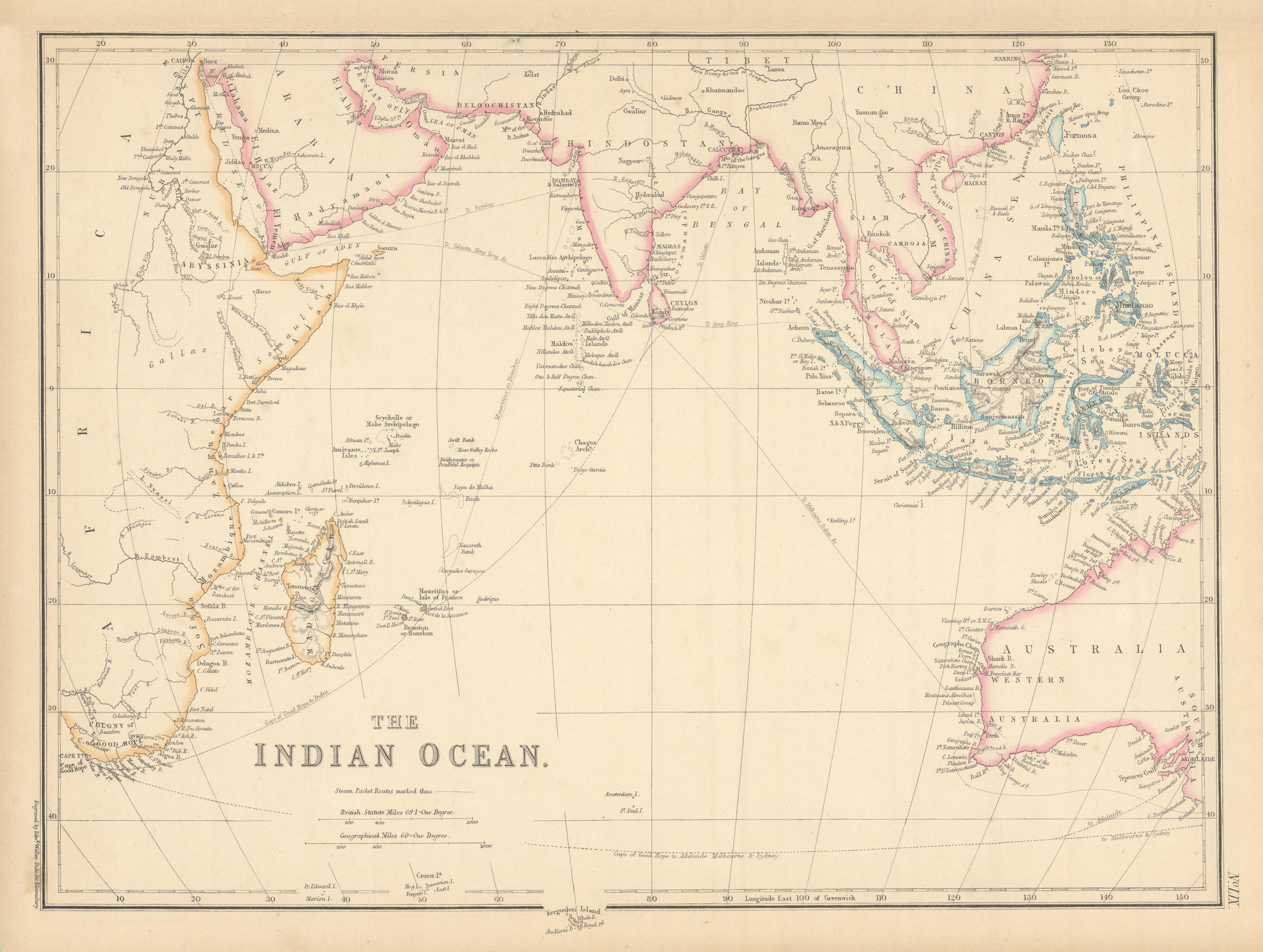 Associate Product Indian Ocean showing steamer routes to India, China & Australia. WELLER 1859 map