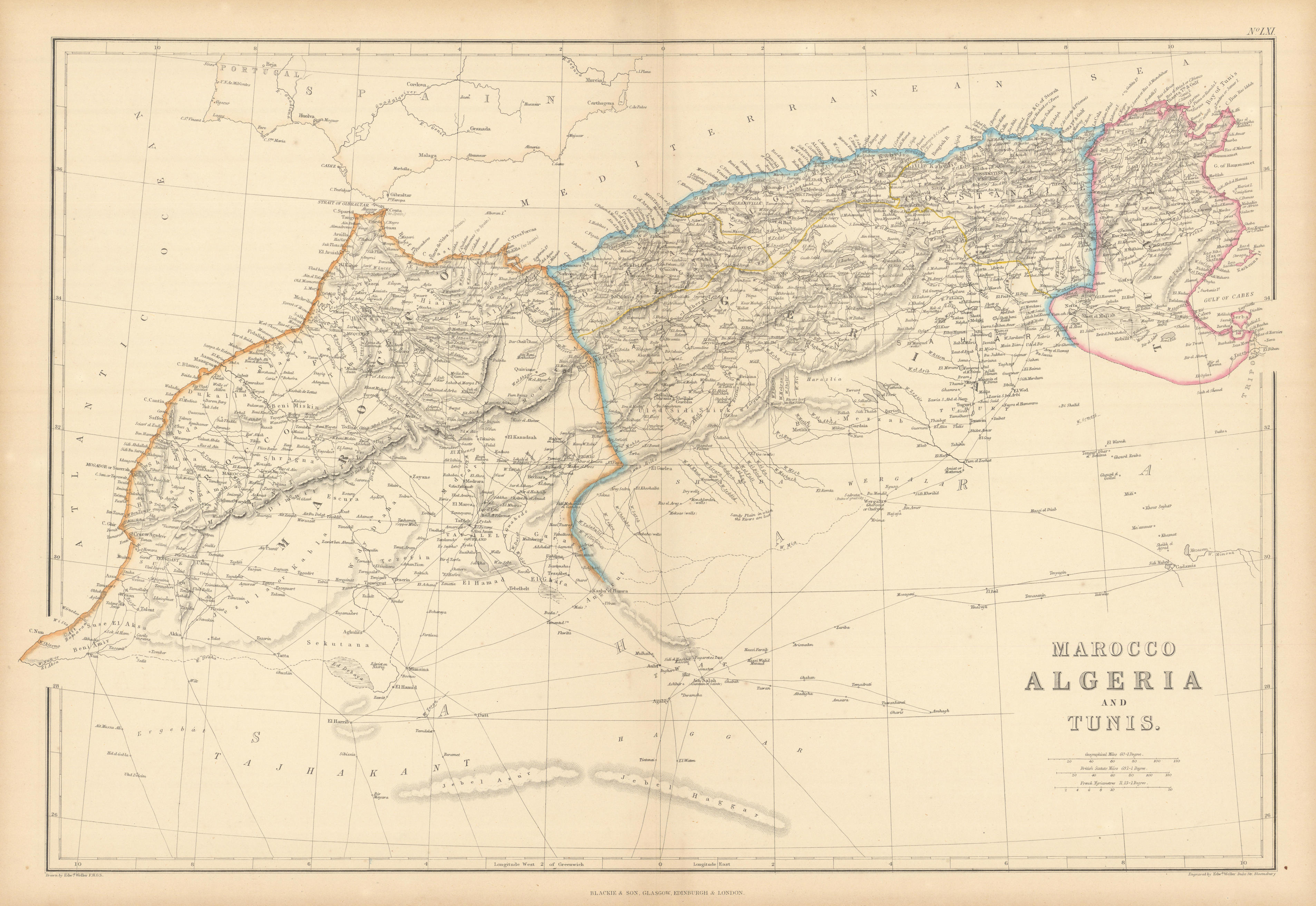 Marocco, Algeria and Tunis by Edward Weller. Morocco Maghreb 1859 old map