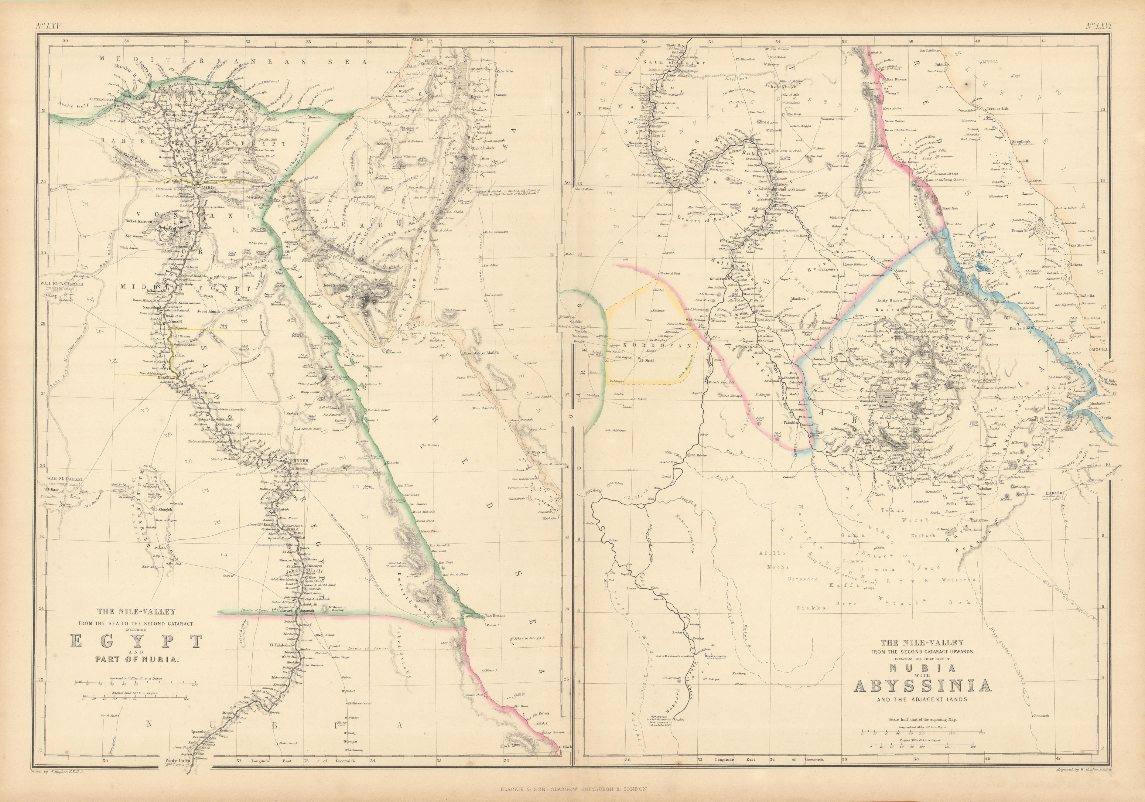 The Nile Valley. Blue & White Niles. Egypt Sudan Ethiopia. HUGHES 1859 old map