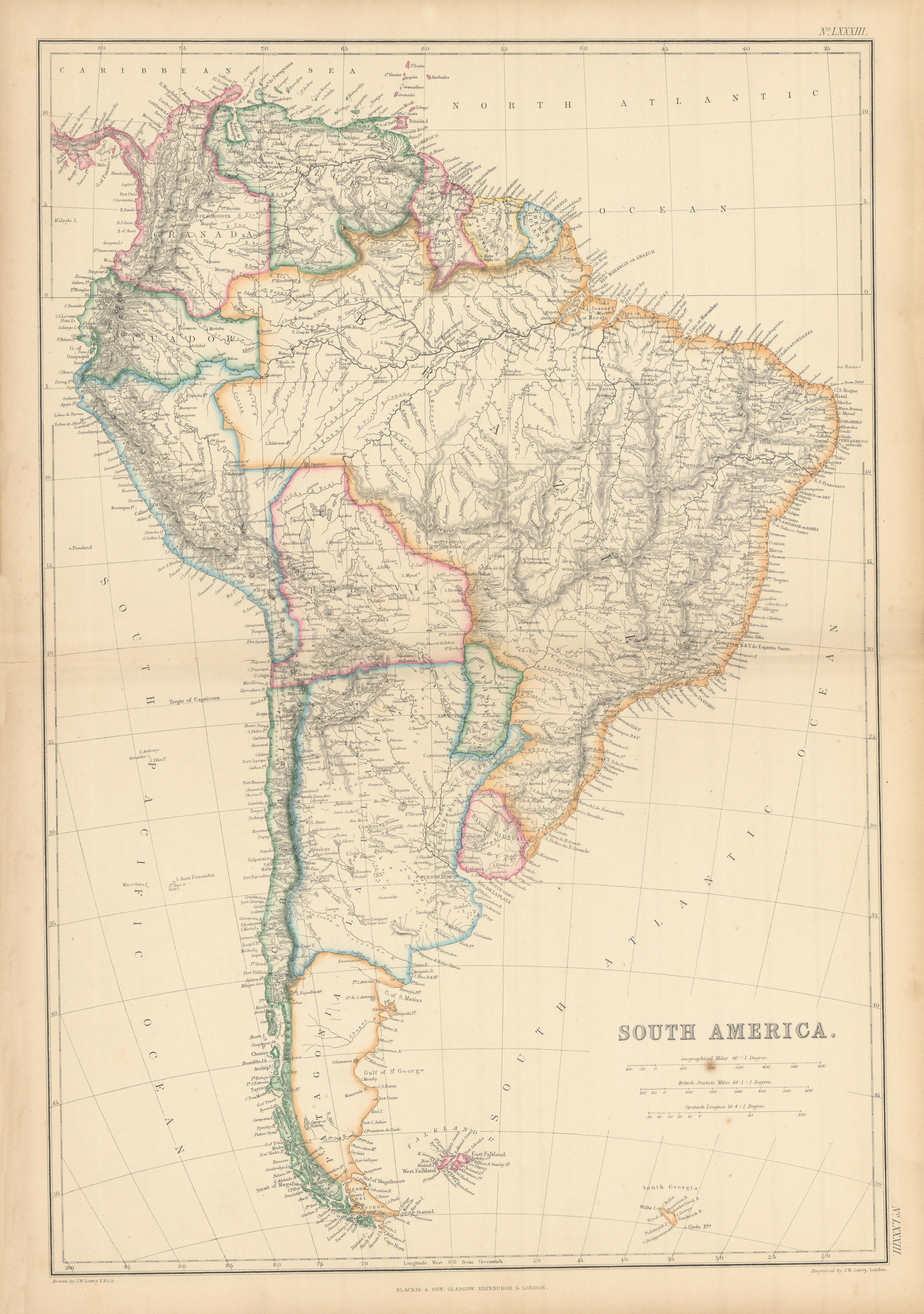 South America by Joseph Wilson Lowry. Banda Oriental. Patagonia 1859 old map