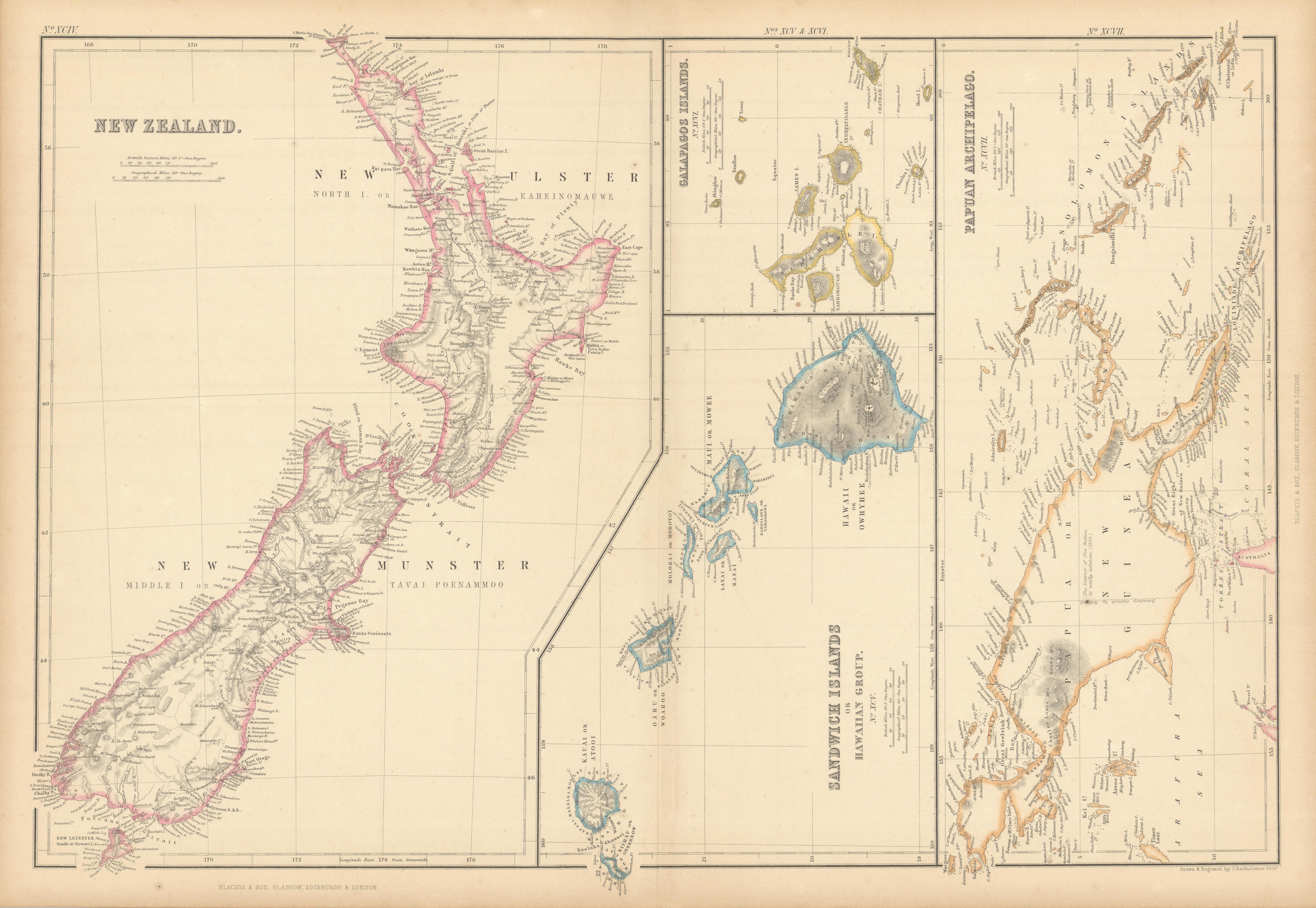 New Zealand Sandwich Galapagos Islands. Papuan Archipelago. Melanesia 1859 map