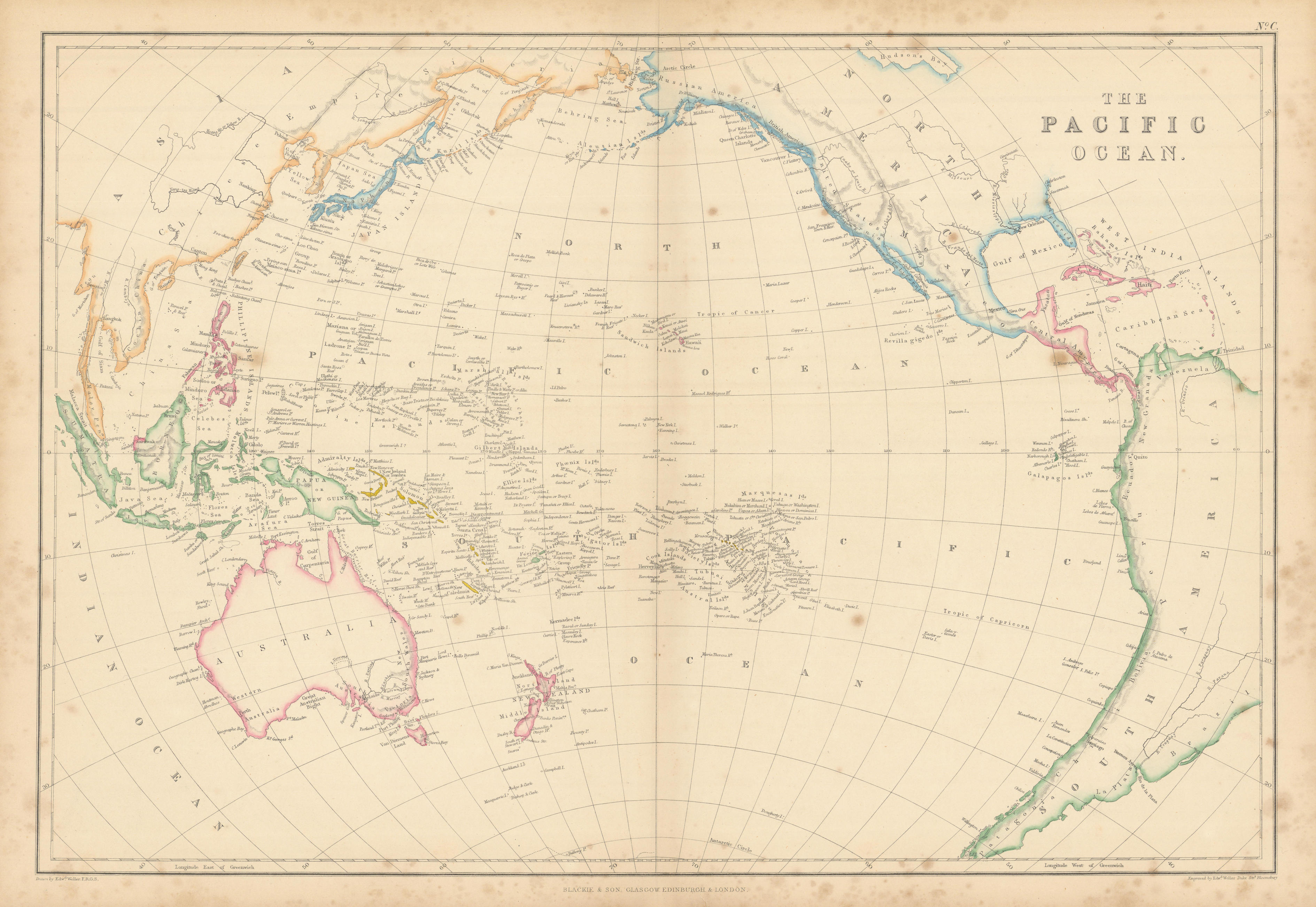The Pacific Ocean by Edward Weller. Polynesia Micronesia Melanesia 1859 map