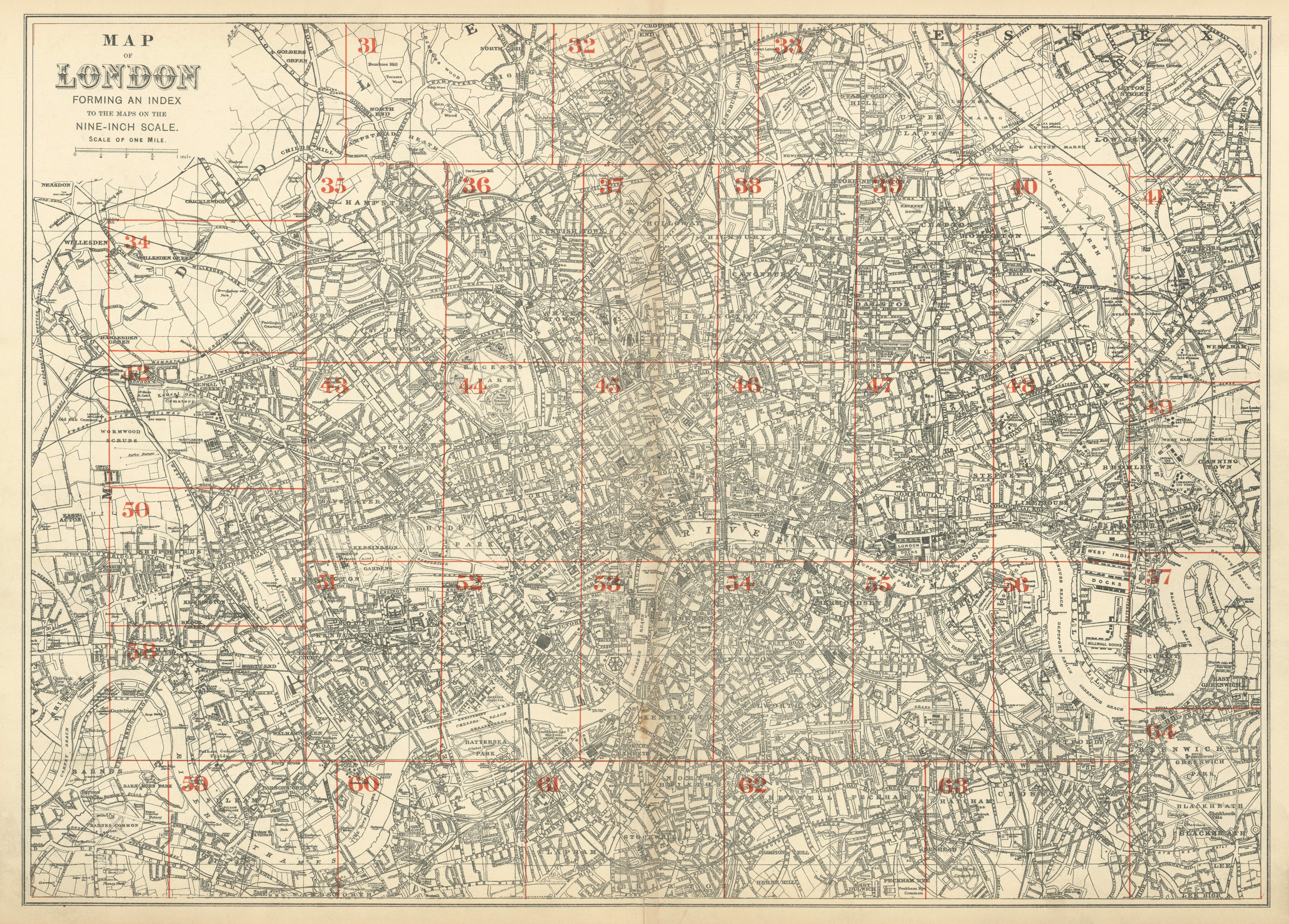 GREATER LONDON ENVIRONS. General Index map to 9 inch scale maps. BACON 1900
