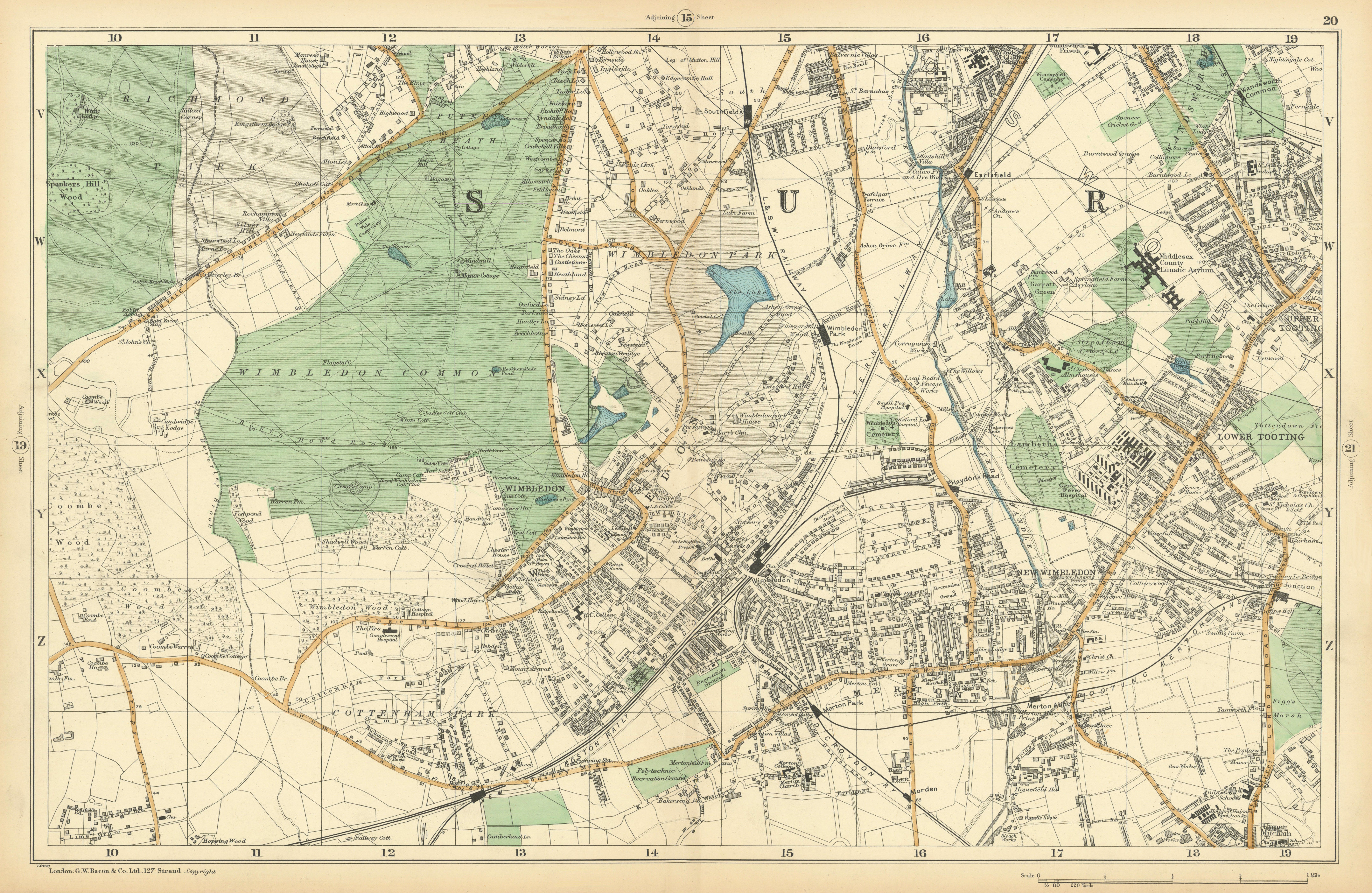 Associate Product WIMBLEDON Merton Tooting Putney Heath Southfields Cottenham Park BACON  1900 map