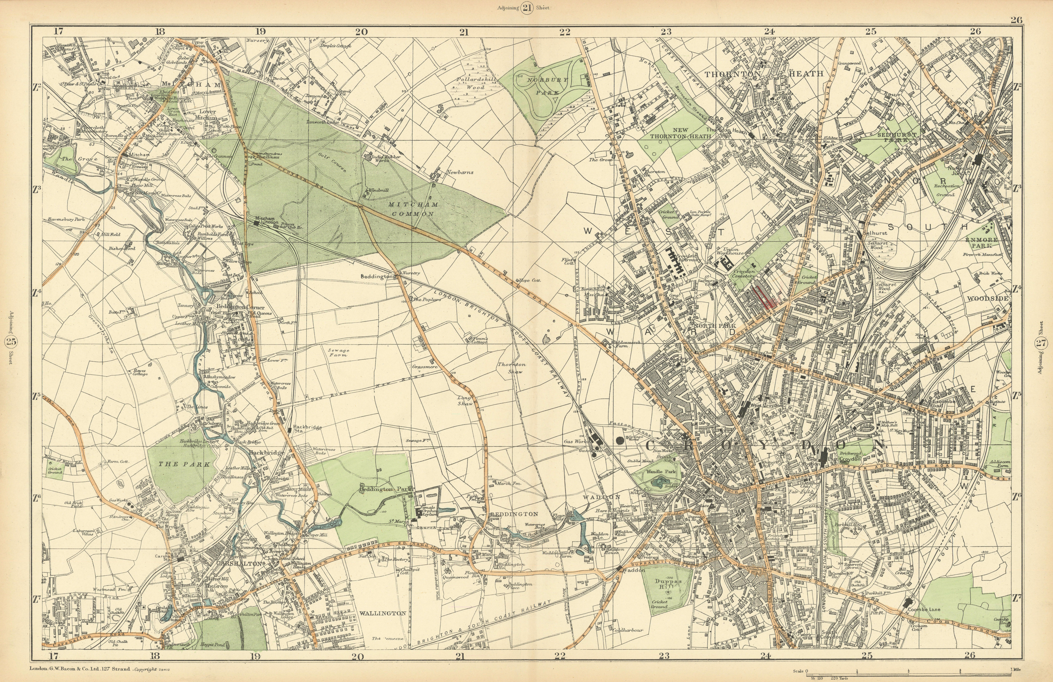 Associate Product CROYDON Mitcham Carshalton Wallington Thornton Heath Beddington. BACON  1900 map
