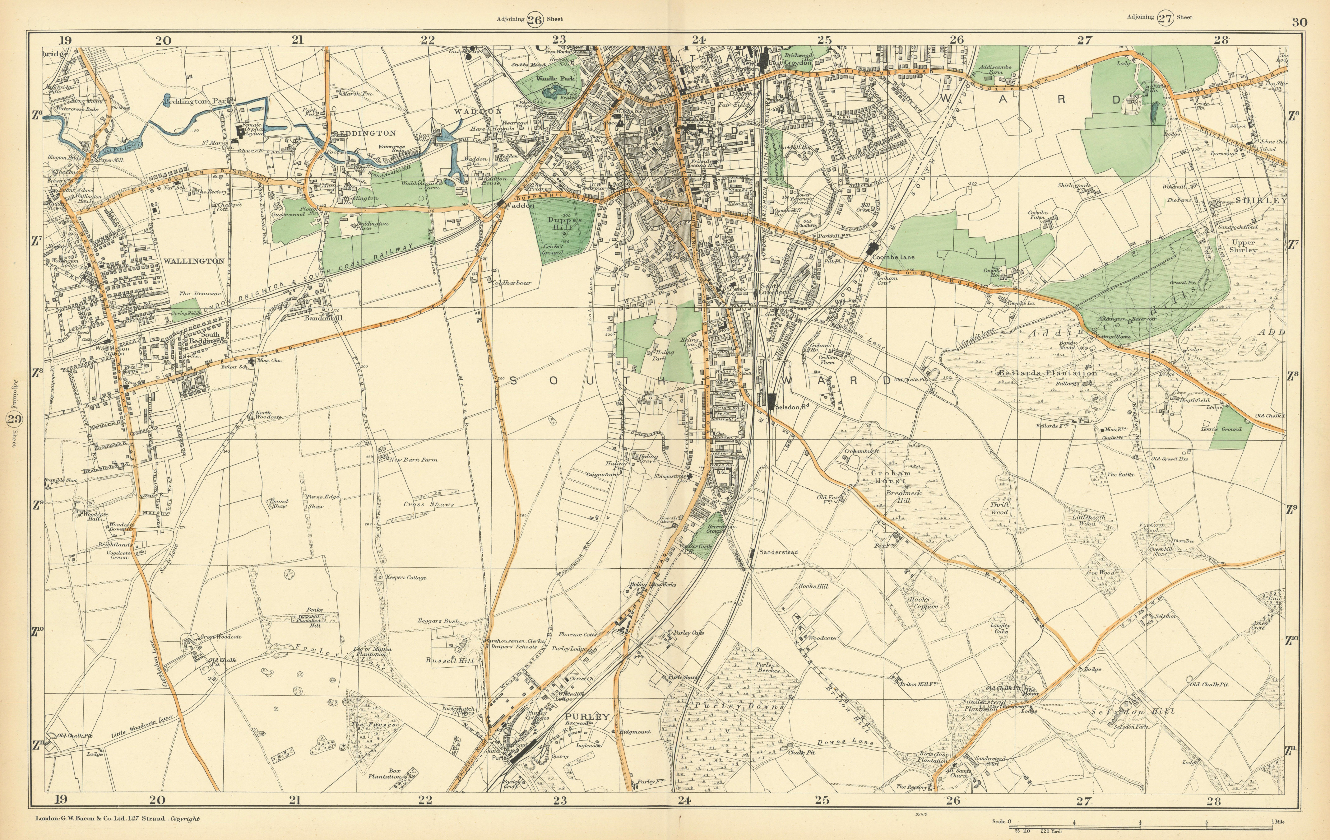Associate Product SOUTH CROYDON Carshalton Wallington Waddon Beddington Purley. BACON  1900 map