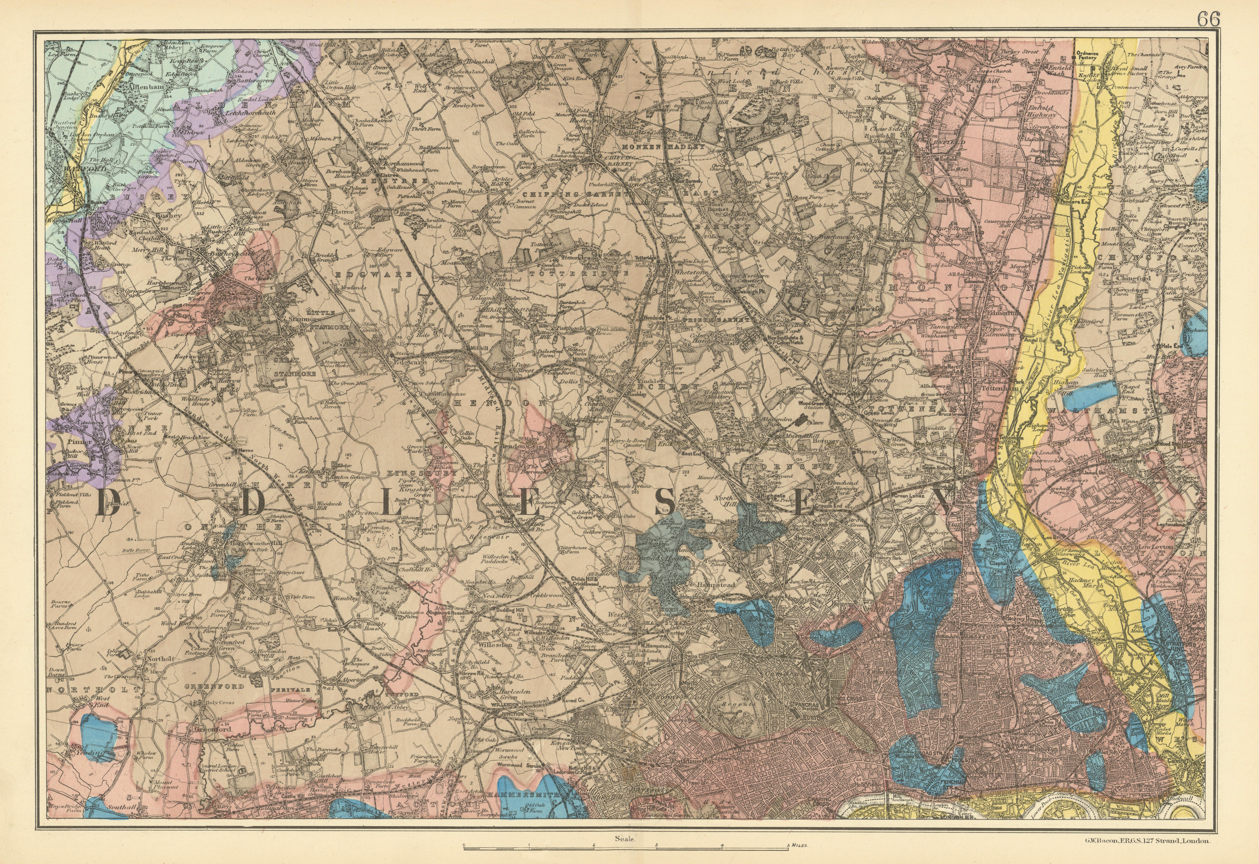 Associate Product NW LONDON GEOLOGICAL Westminster Islington Brent Ealing Camden.BACON 1900 map