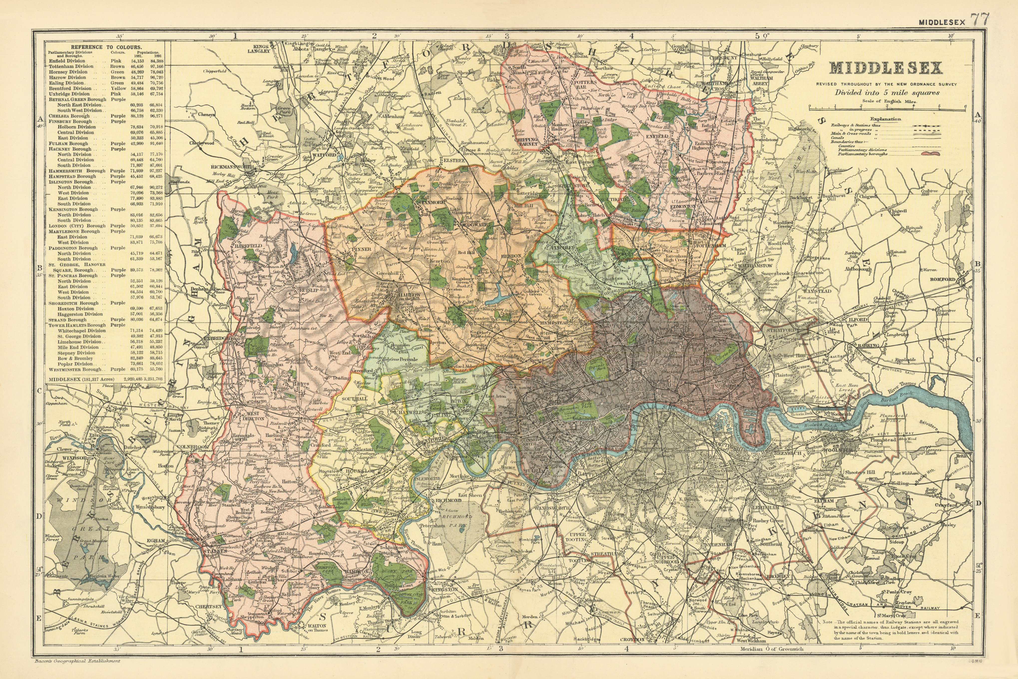 Associate Product MIDDLESEX & LONDON county map.Parliamentary constituencies.Railways.BACON 1900