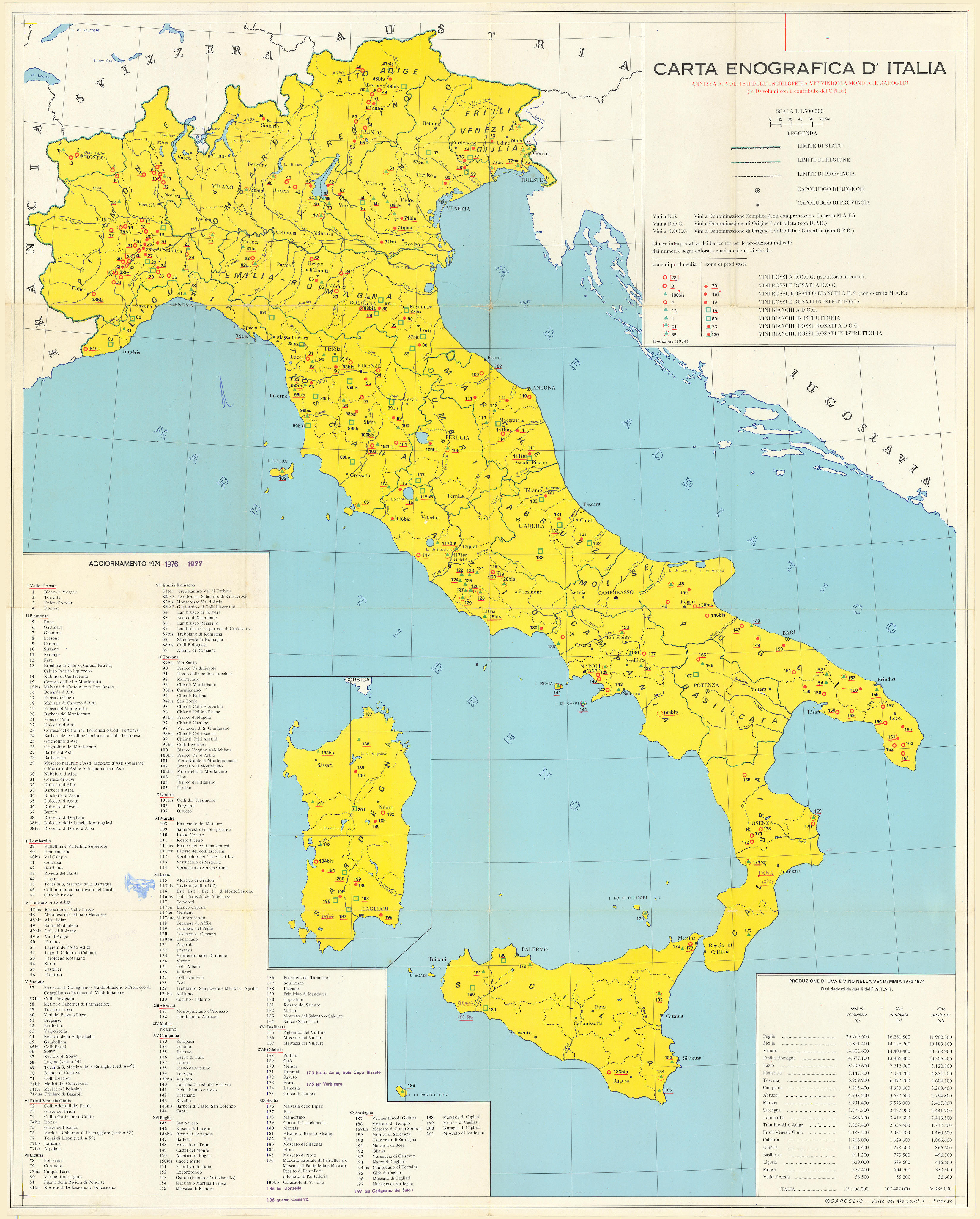 Carta Enografica d'Italia. Italy wine. Viticulture map. 86x69cm 1977 old