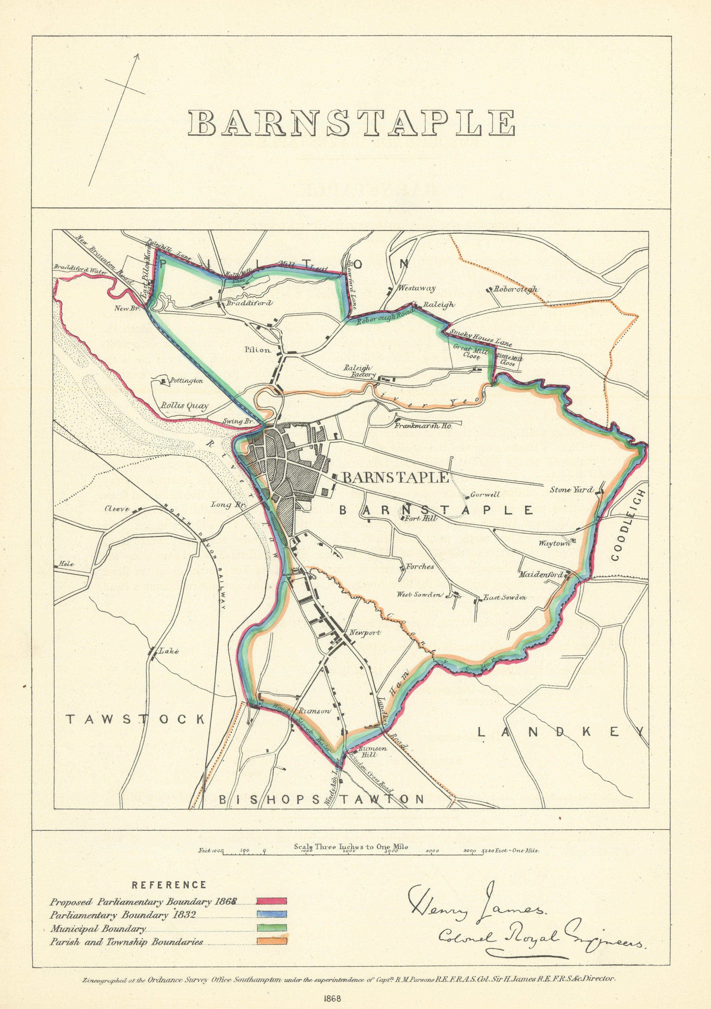 Associate Product Barnstaple, Devon. JAMES. Parliamentary Boundary Commission 1868 old map