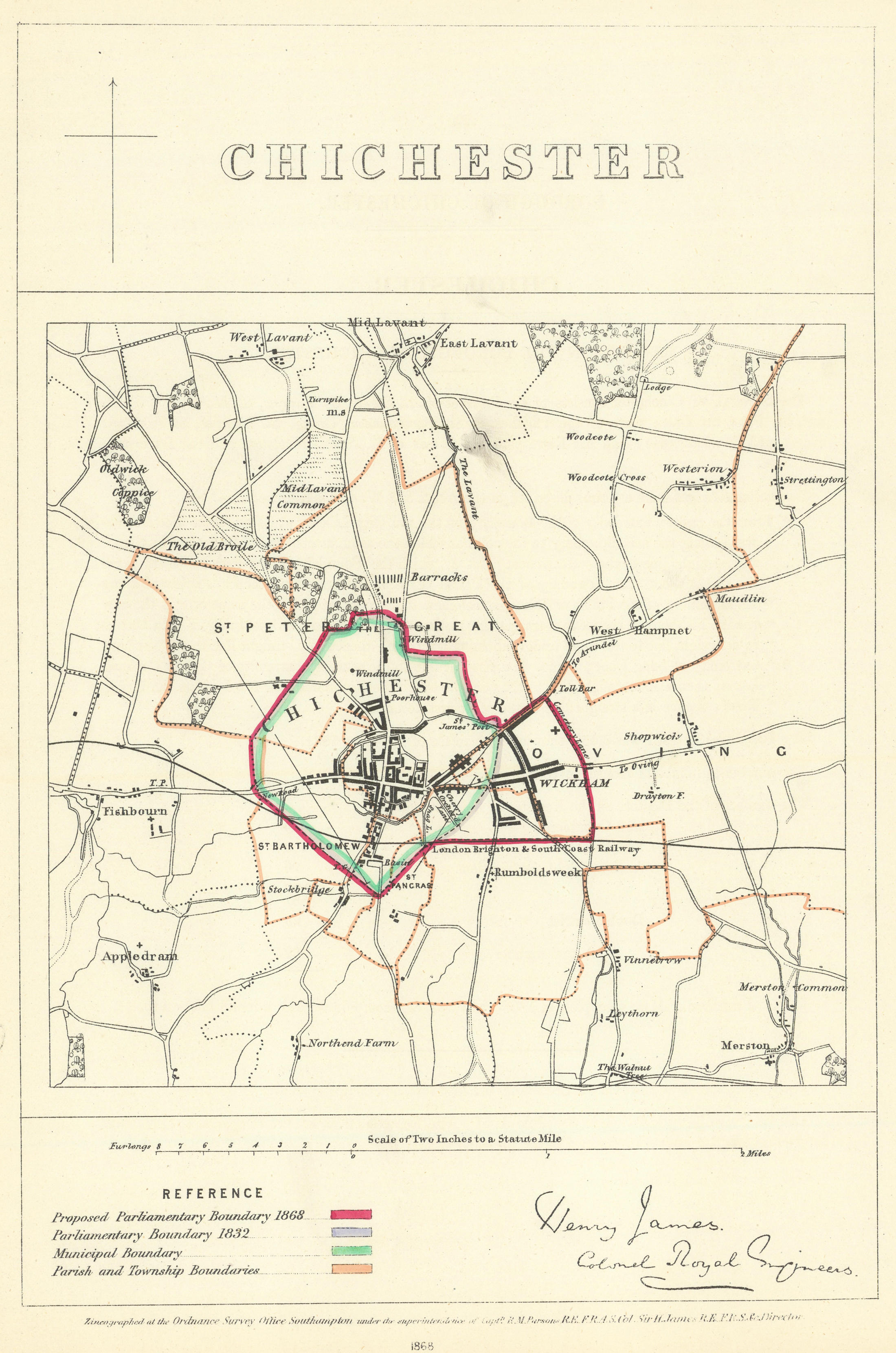 Associate Product Chichester, Sussex. JAMES. Parliamentary Boundary Commission 1868 old map