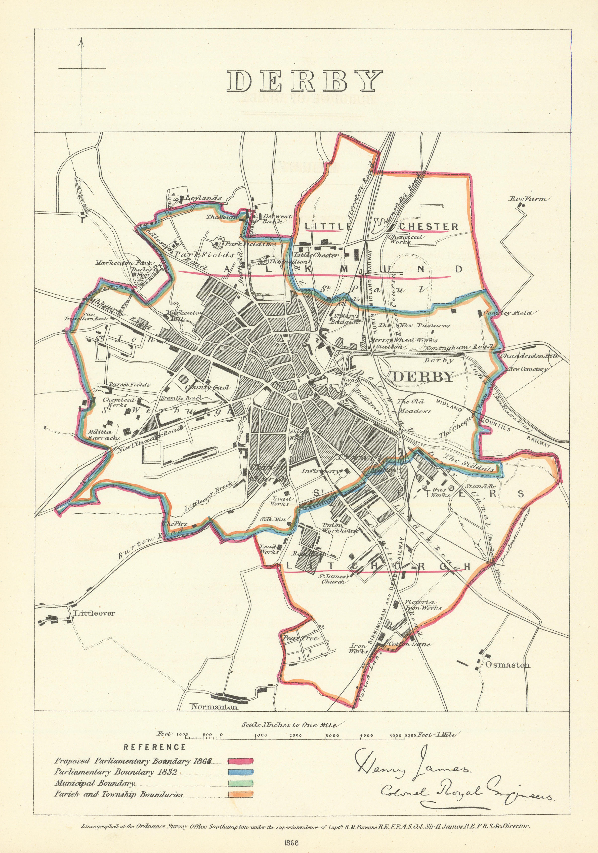 Associate Product Derby, Derbyshire. JAMES. Parliamentary Boundary Commission 1868 old map