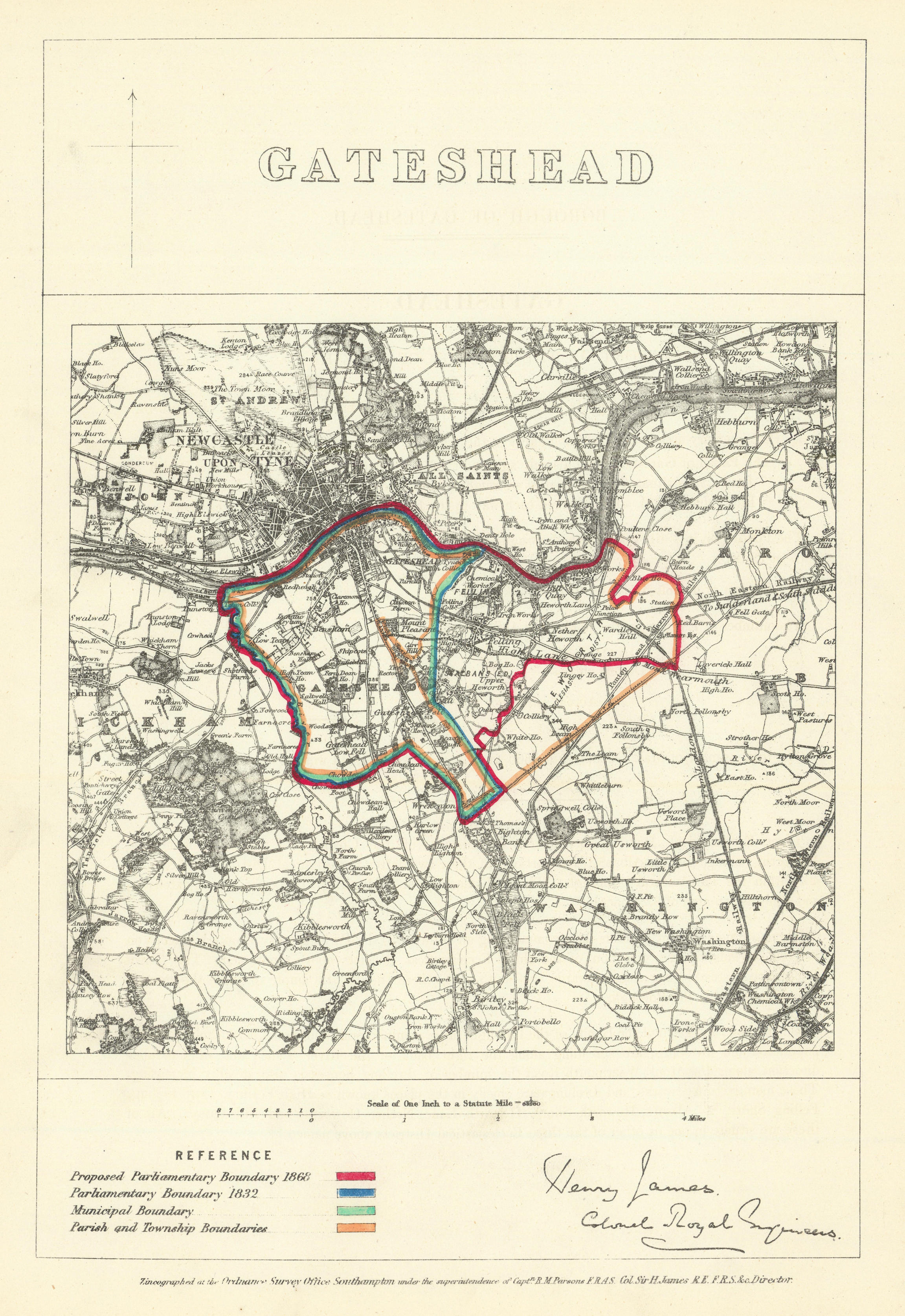 Associate Product Gateshead, Durham. JAMES. Parliamentary Boundary Commission 1868 old map