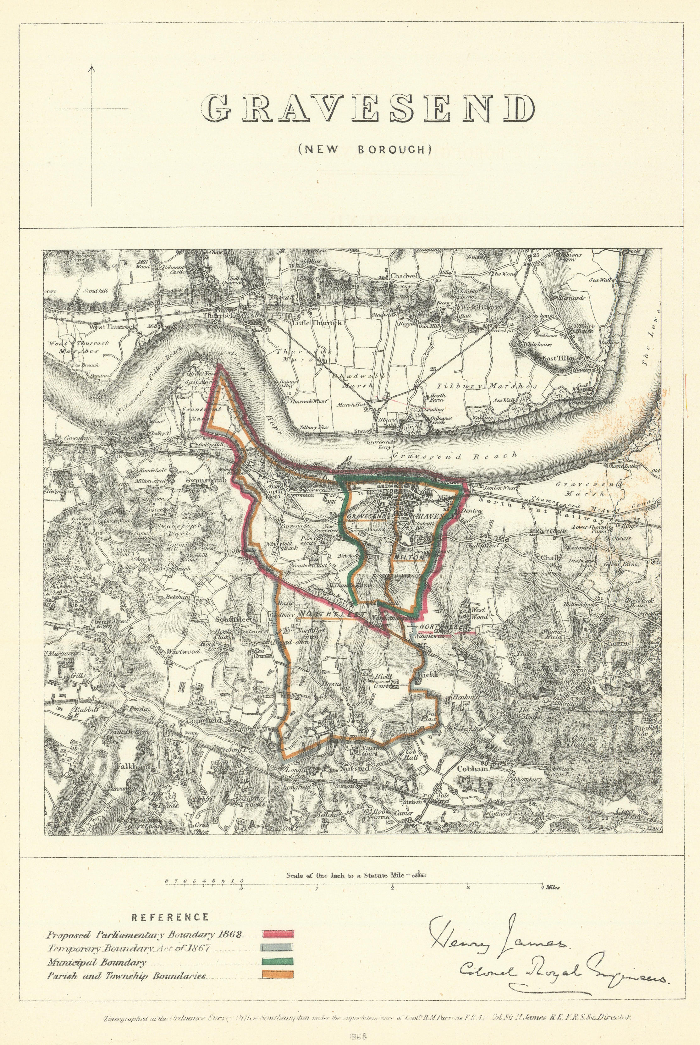 Associate Product Gravesend (New Borough), Kent. JAMES. Parliamentary Boundary Commission 1868 map