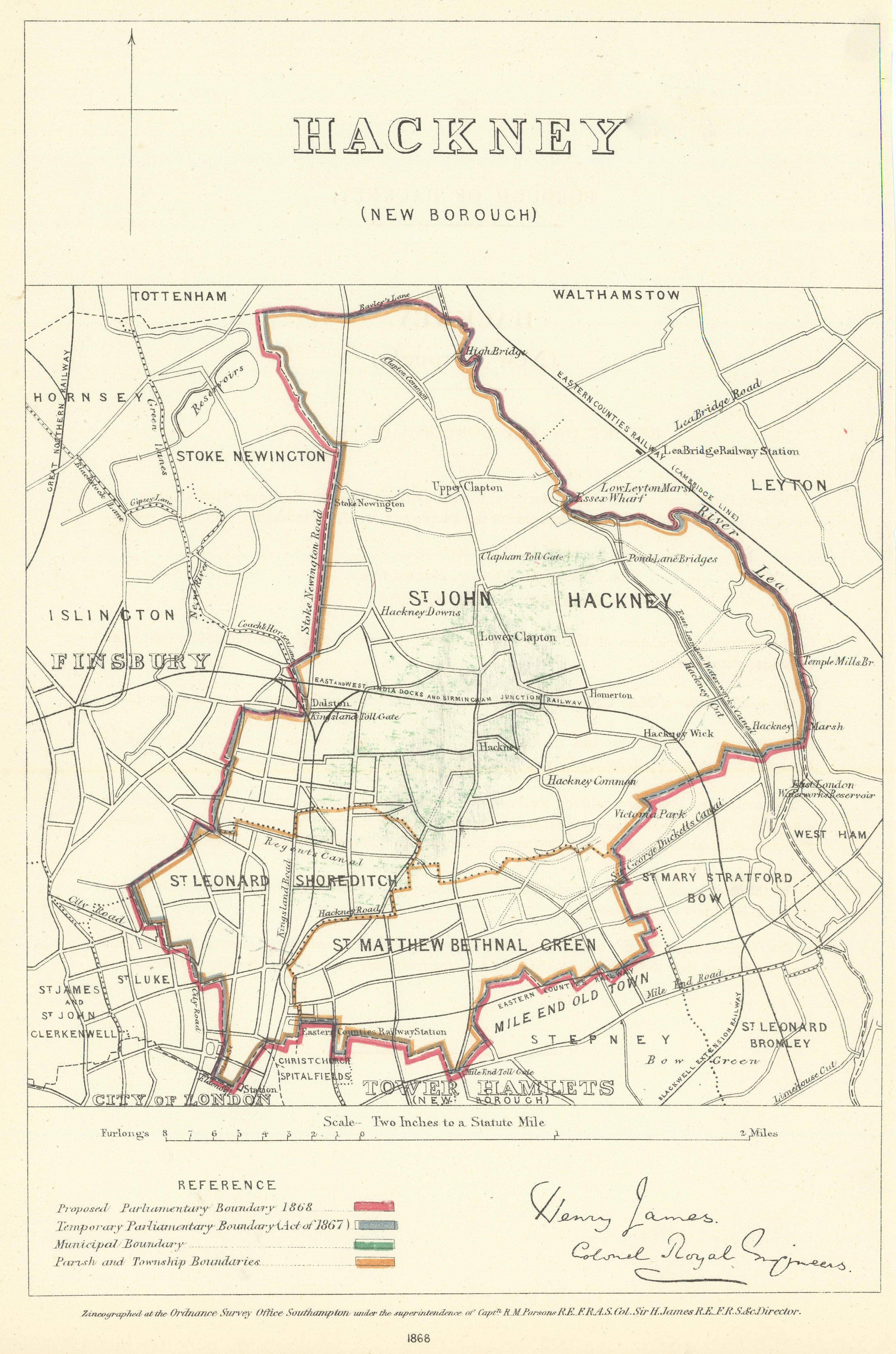 Hackney (New Borough), London. JAMES. Parliamentary Boundary Commission 1868 map