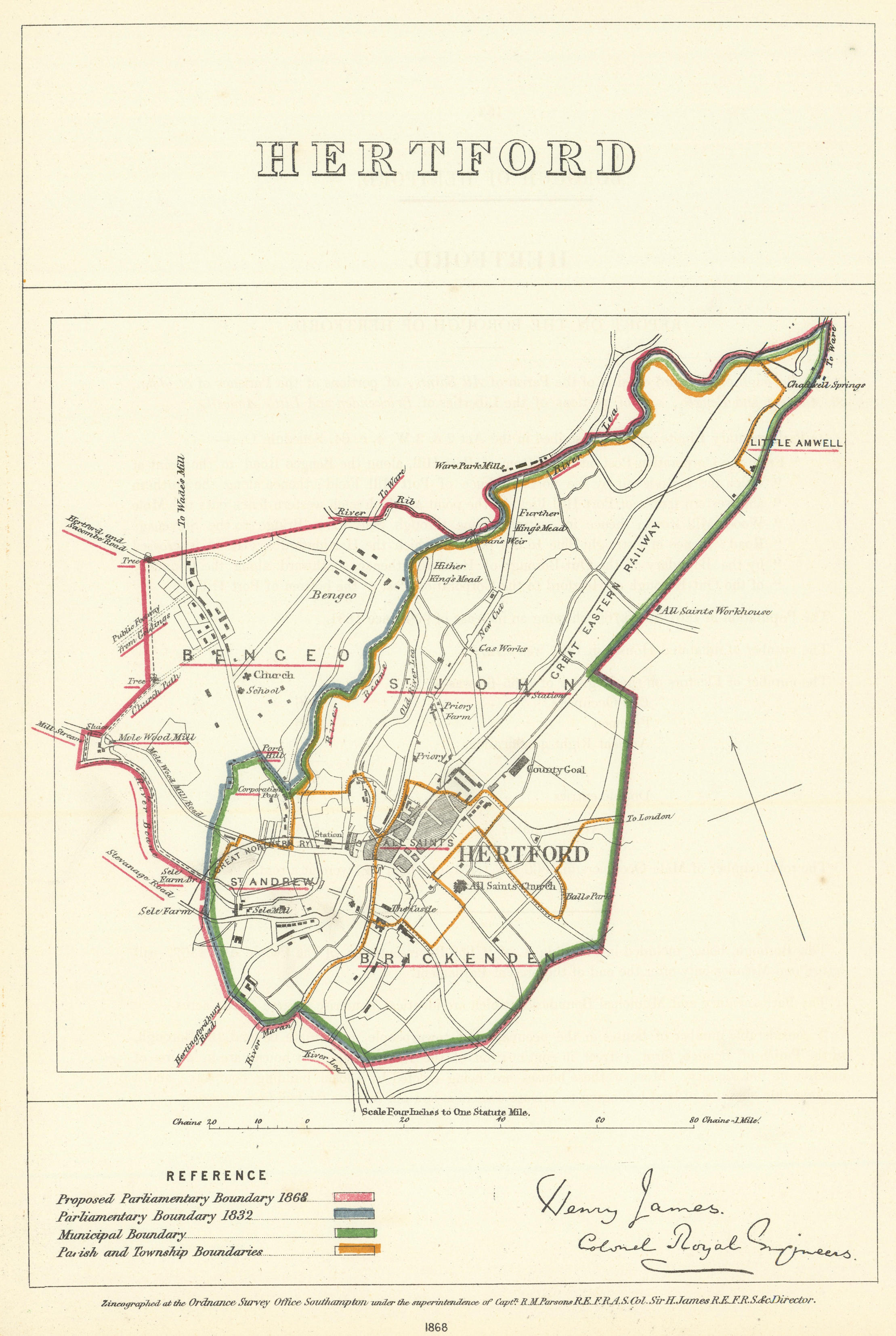 Associate Product Hertford, Hertfordshire. JAMES. Parliamentary Boundary Commission 1868 old map