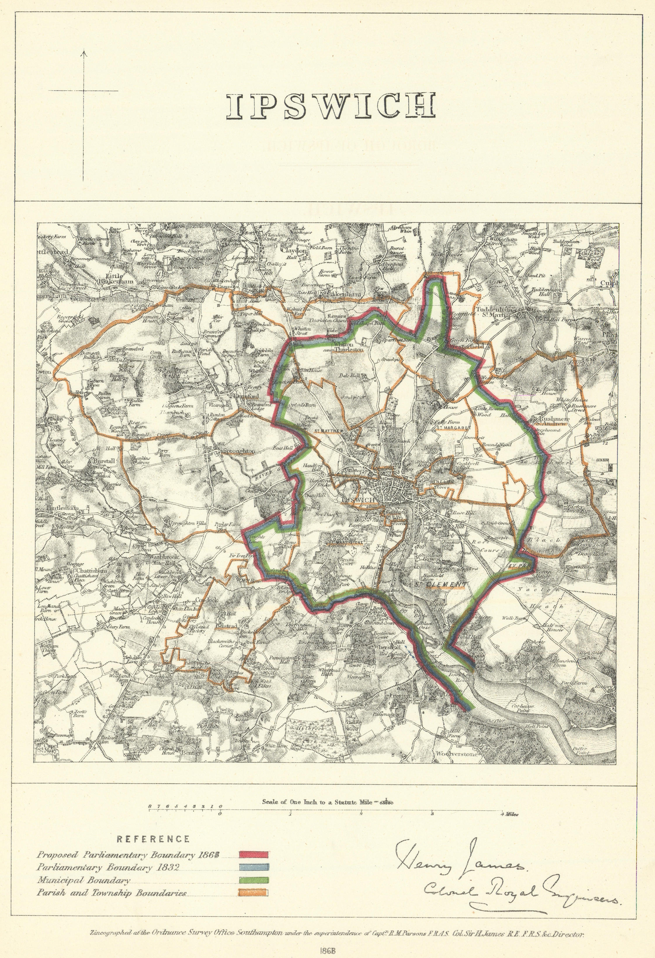 Ipswich, Suffolk. JAMES. Parliamentary Boundary Commission 1868 old map