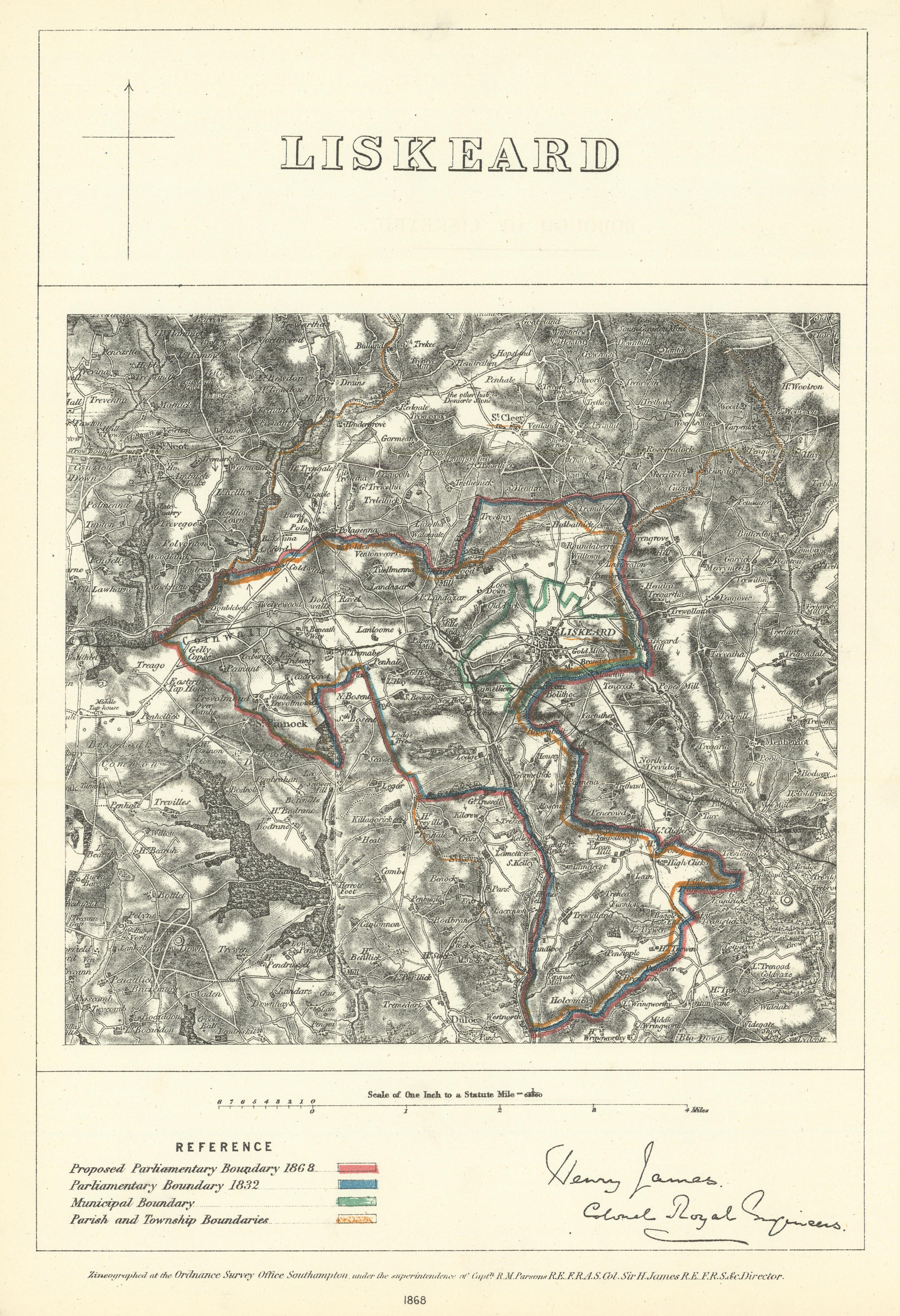 Associate Product Liskeard, Cornwall. JAMES. Parliamentary Boundary Commission 1868 old map