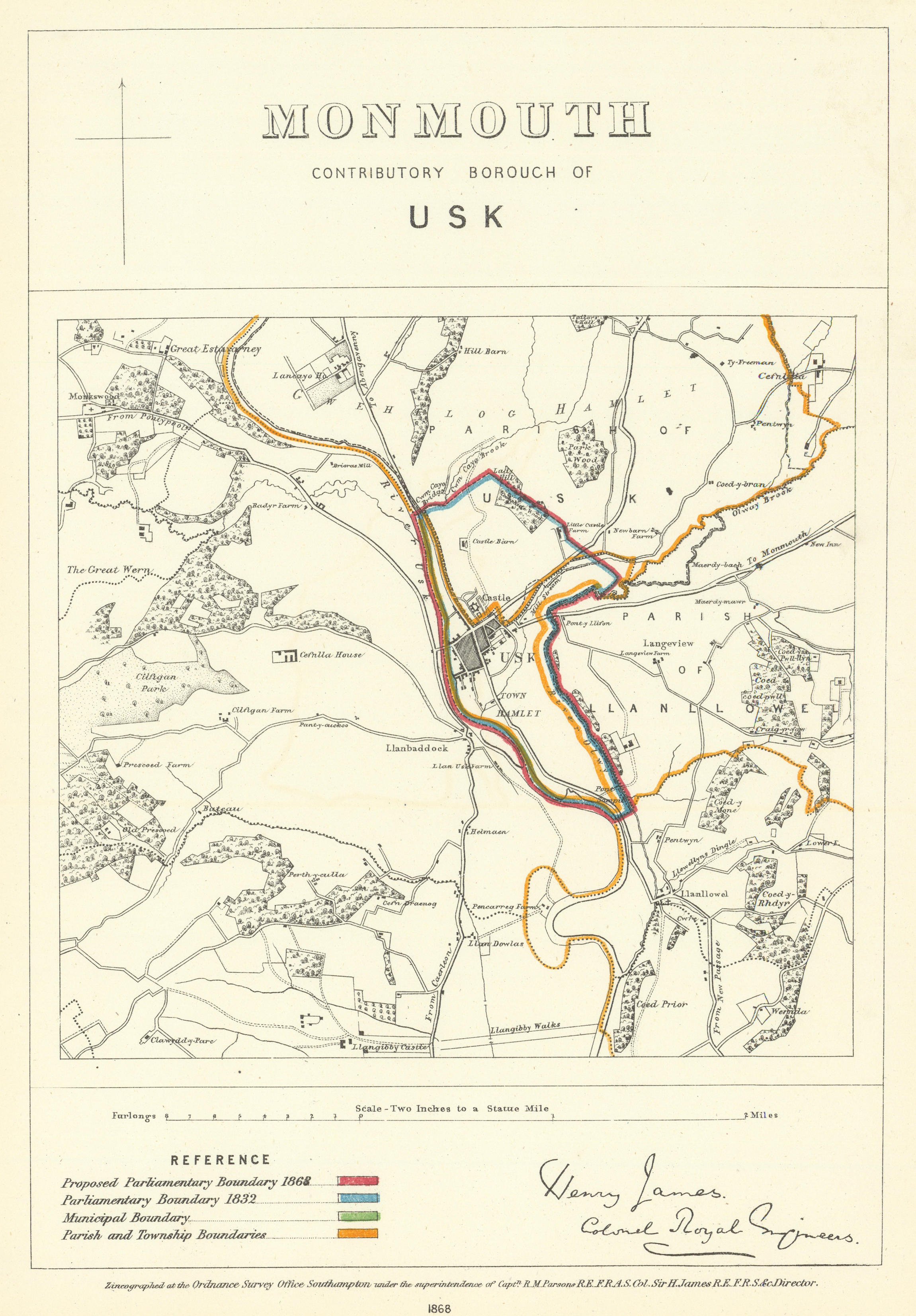Associate Product Monmouth Contributory Borough of Usk. JAMES. Boundary Commission 1868 old map
