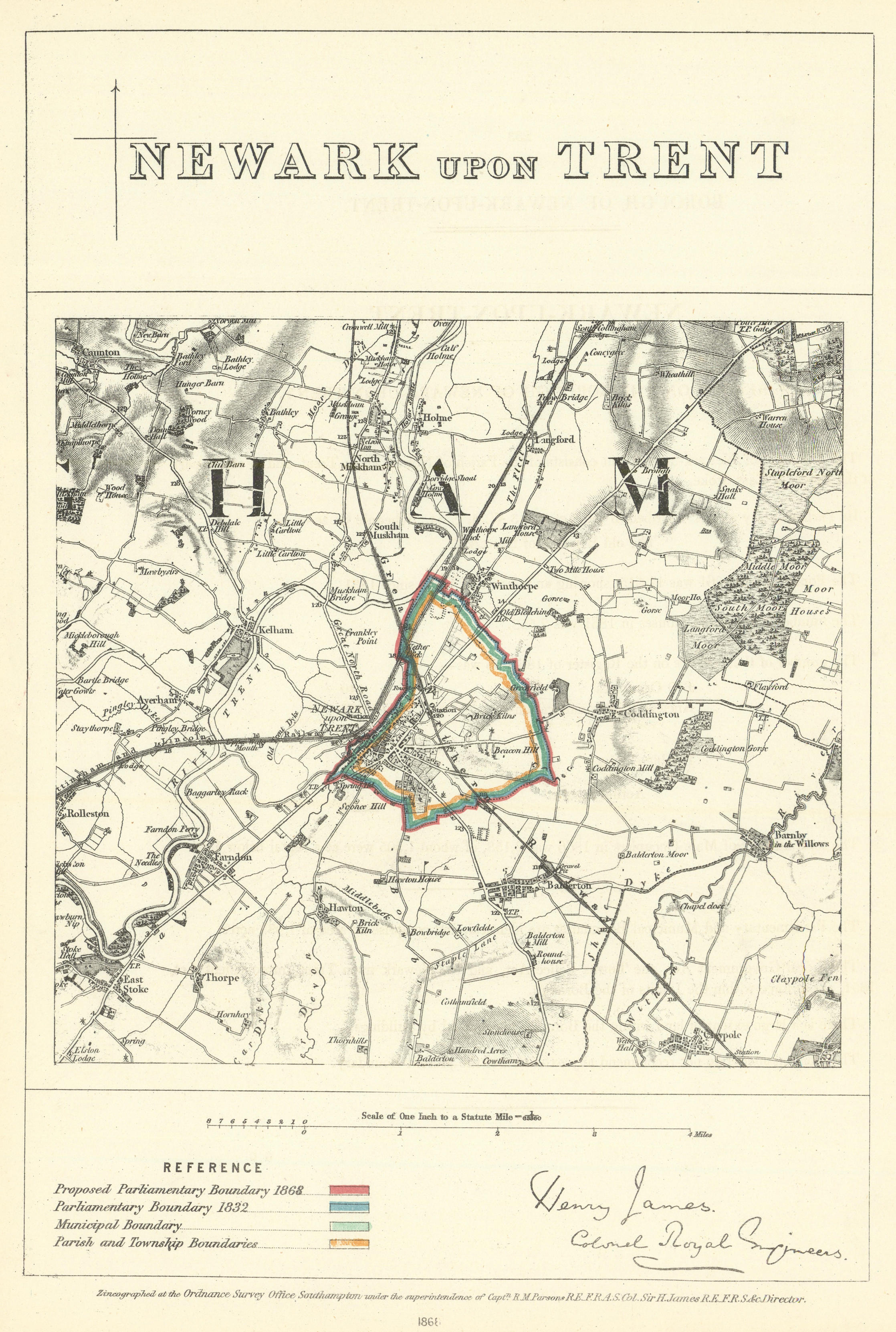 Newark-upon-Trent, Notts. JAMES. Parliamentary Boundary Commission 1868 map