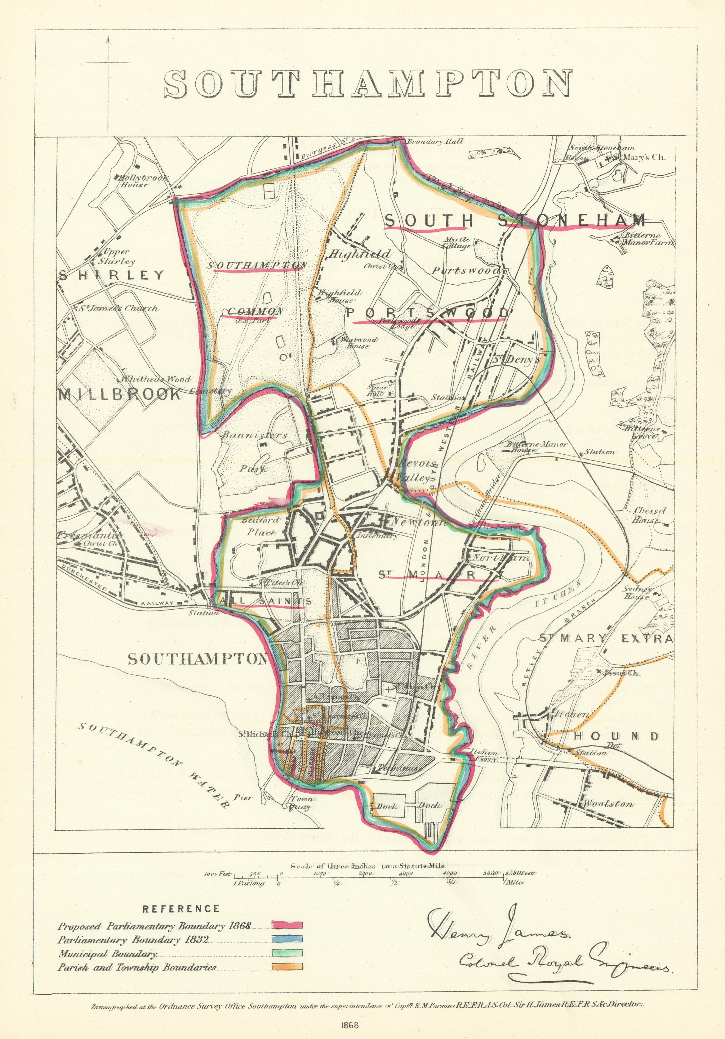 Associate Product Southampton, Hampshire. JAMES. Parliamentary Boundary Commission 1868 old map