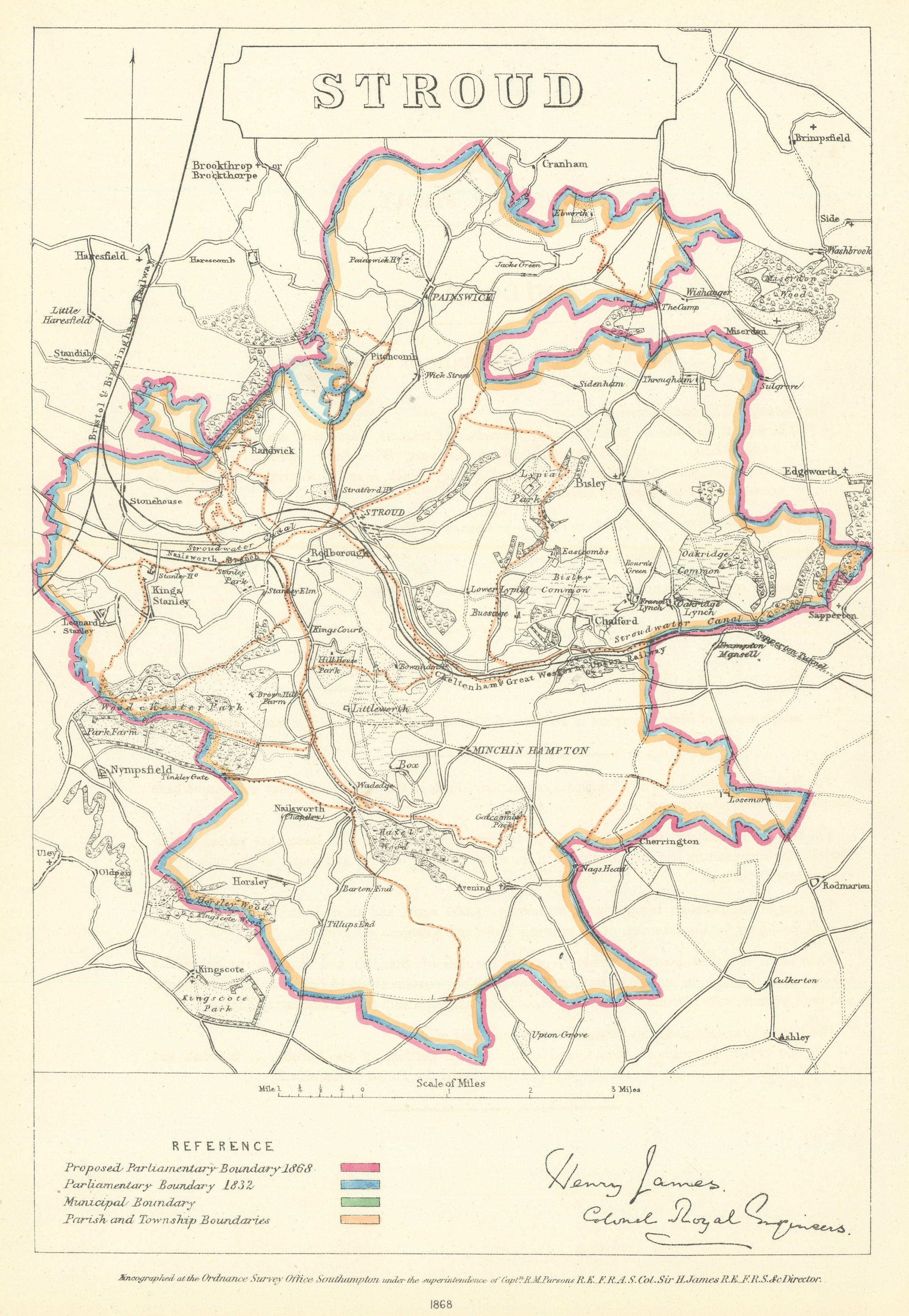Stroud, Gloucestershire. JAMES. Parliamentary Boundary Commission 1868 old map