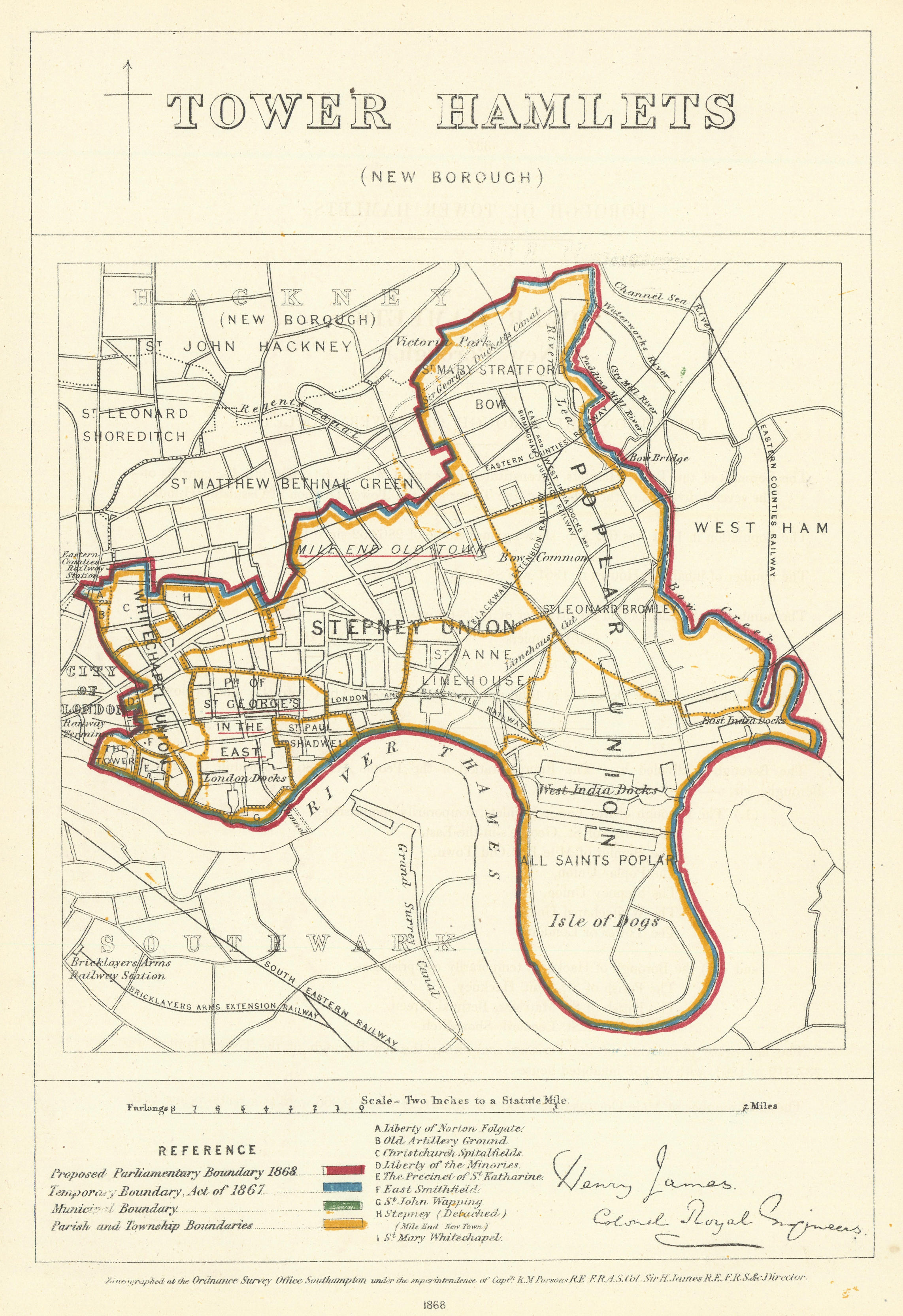 Associate Product Tower Hamlets, London. JAMES. Parliamentary Boundary Commission 1868 old map