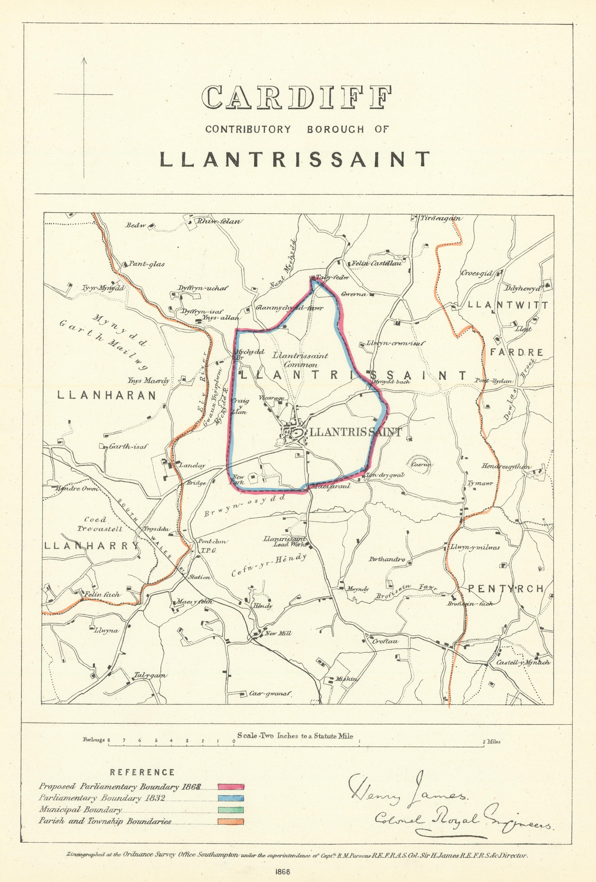 Associate Product Cardiff Contrib'y Borough of Llantrisant. JAMES. Boundary Commission 1868 map