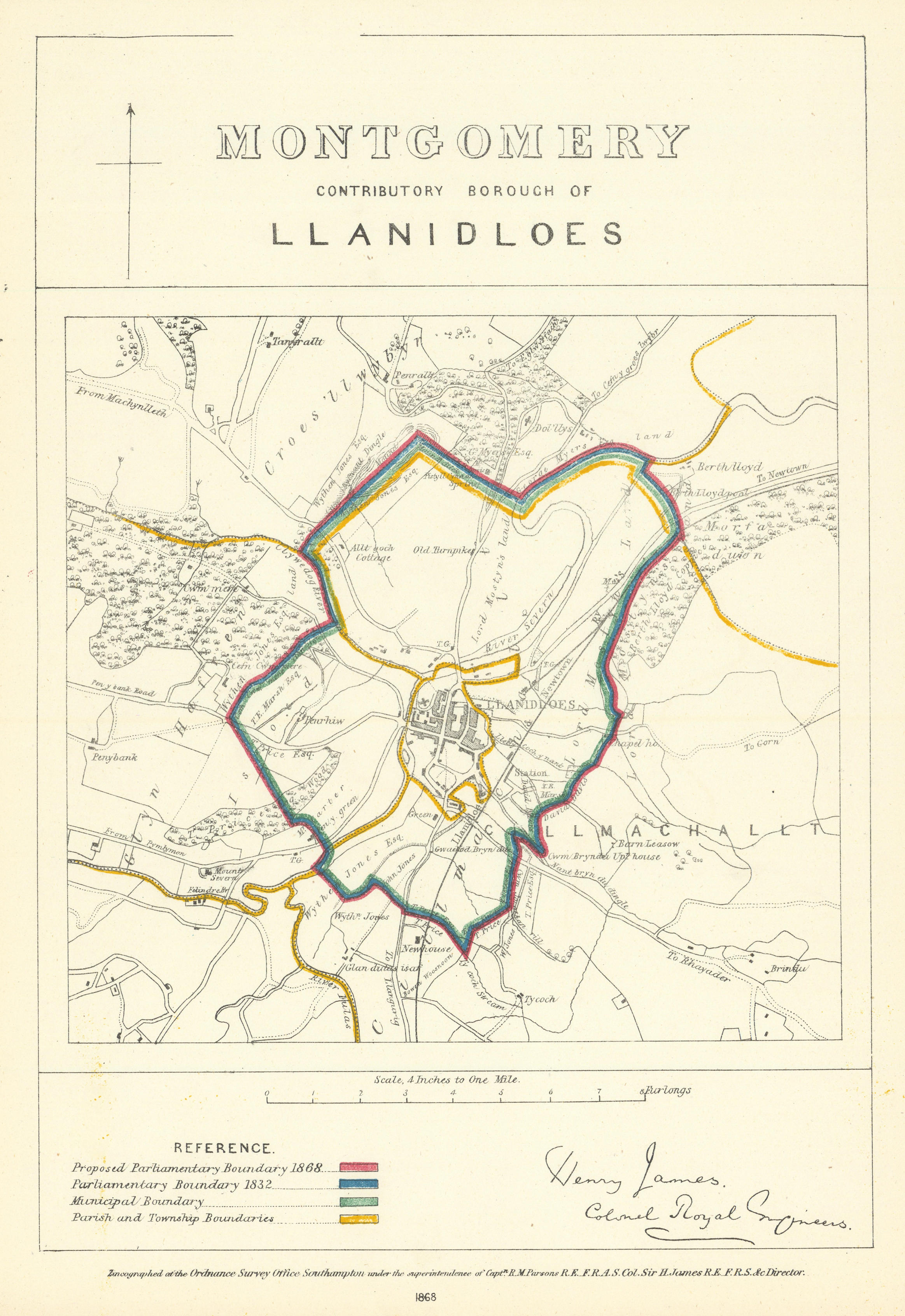 Associate Product Montgomery Contrib'y Borough of Llanidloes. JAMES. Boundary Commission 1868 map
