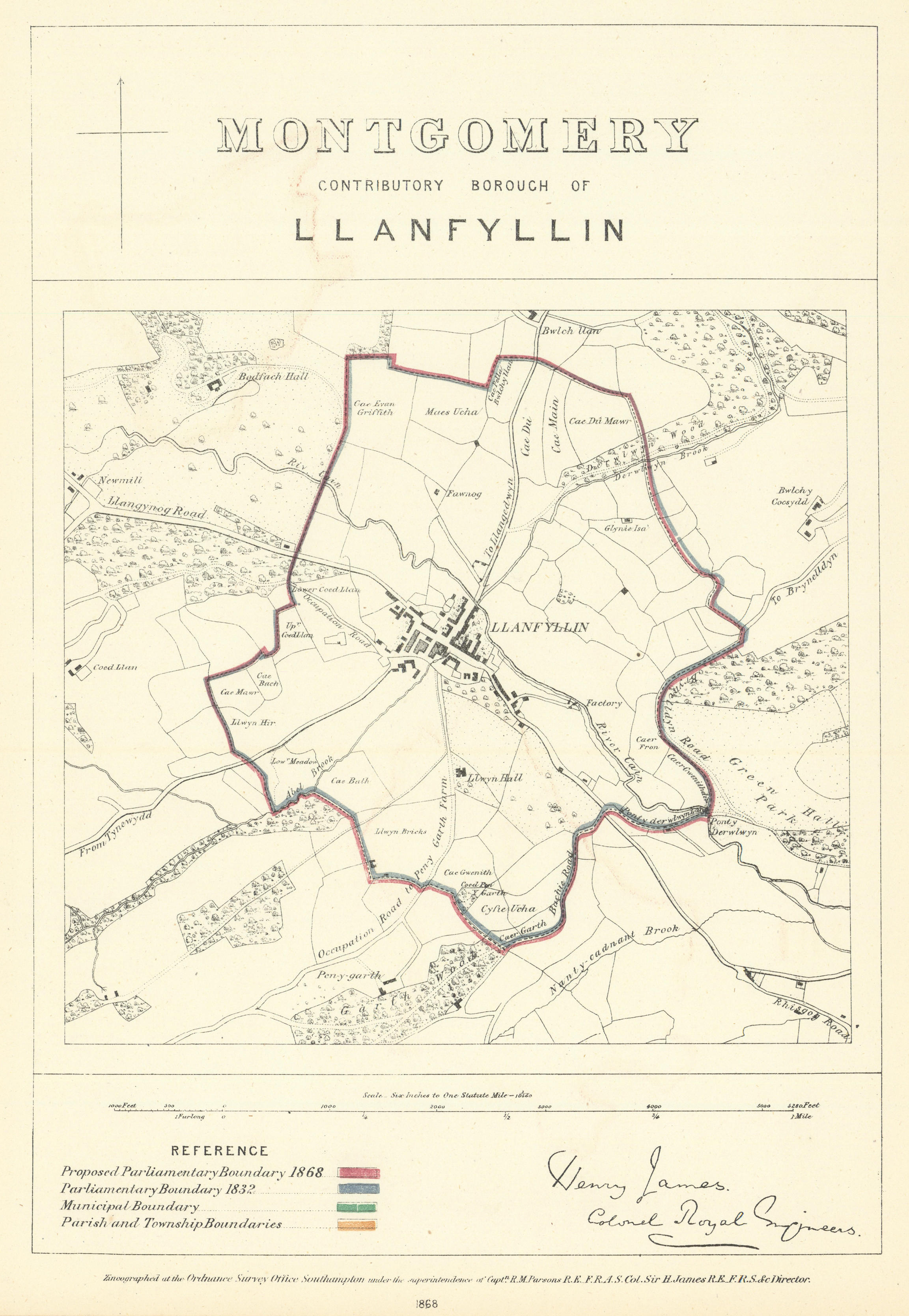 Associate Product Montgomery Contrib'y Borough of Llanfyllin. JAMES. Boundary Commission 1868 map