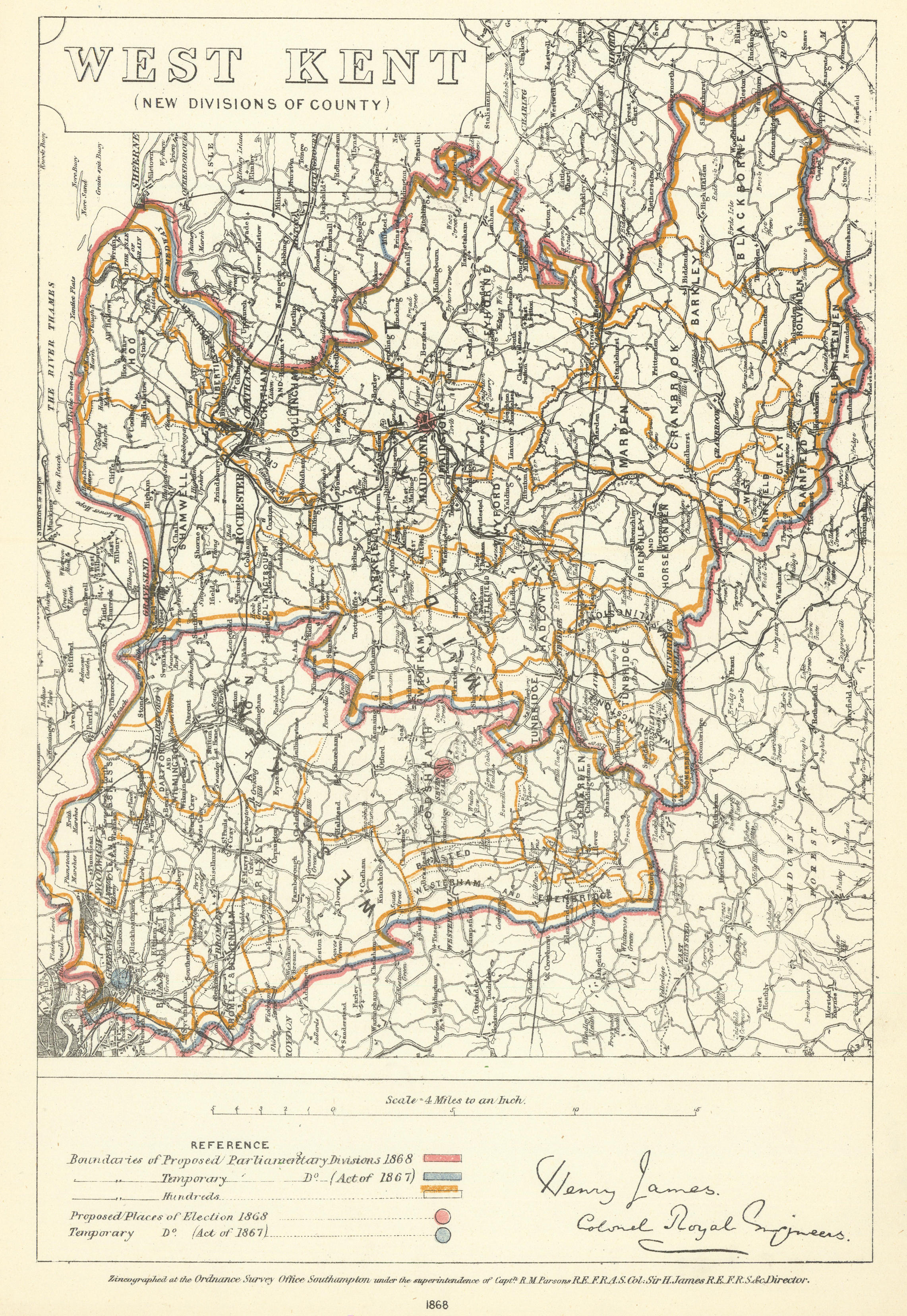 Associate Product West Kent (New divisions of County). JAMES. Boundary Commission 1868 old map
