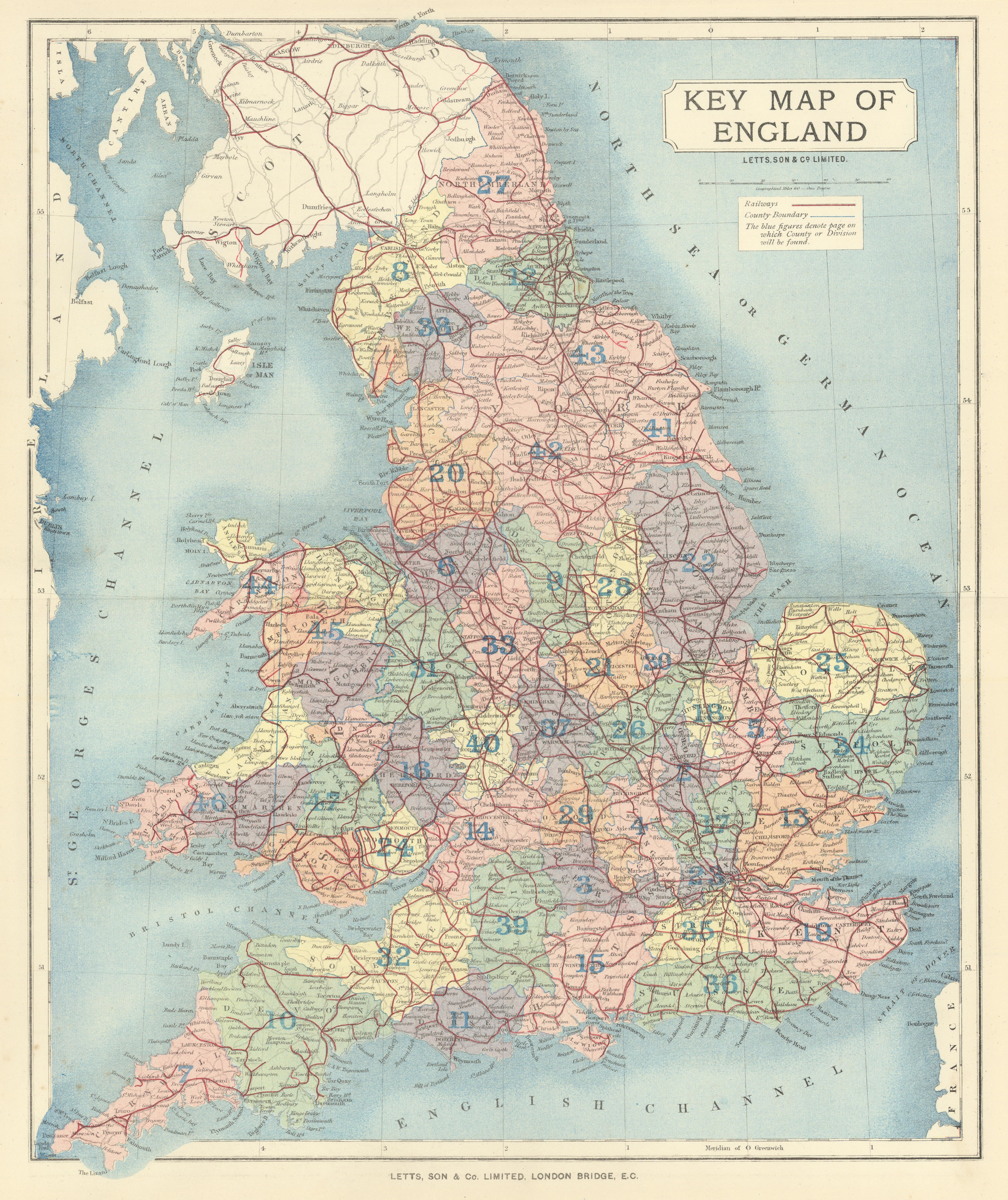 Associate Product Key map of England & Wales showing railways by Letts 1884 old antique