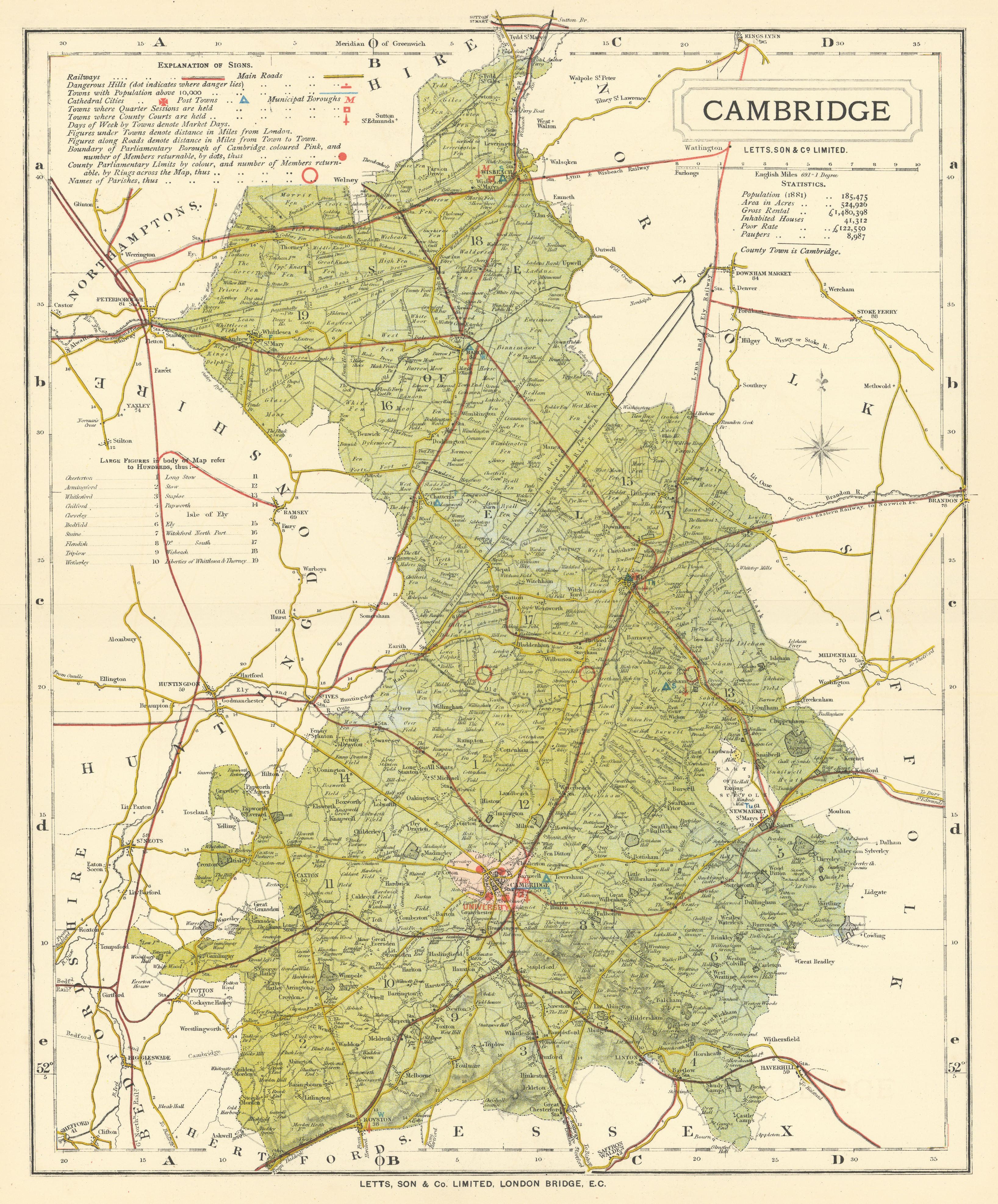 Associate Product Cambridgeshire county map showing Post Towns & Market Days. LETTS 1884 old