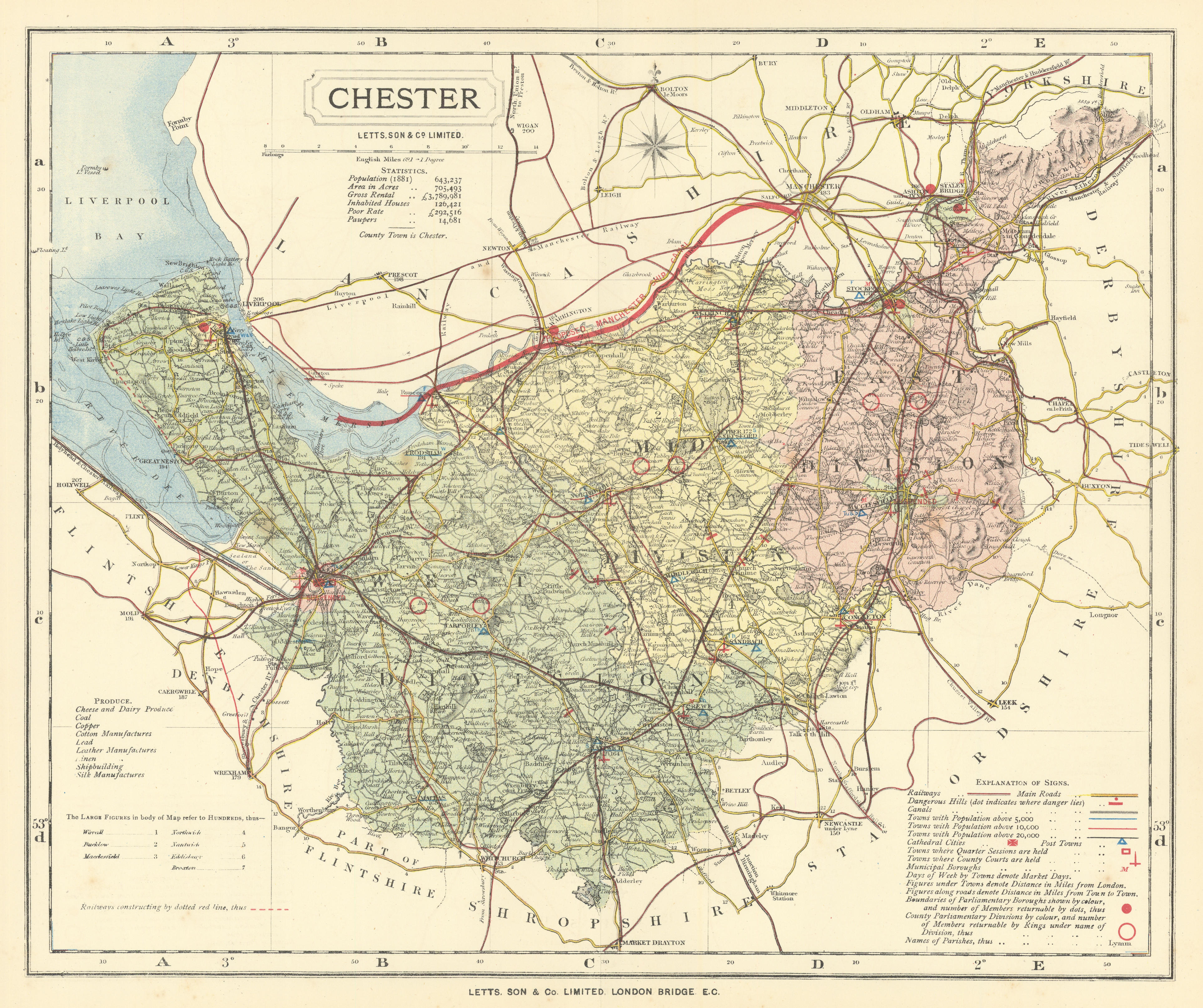 Associate Product Cheshire county map showing Post Towns & Market Days. LETTS 1884 old
