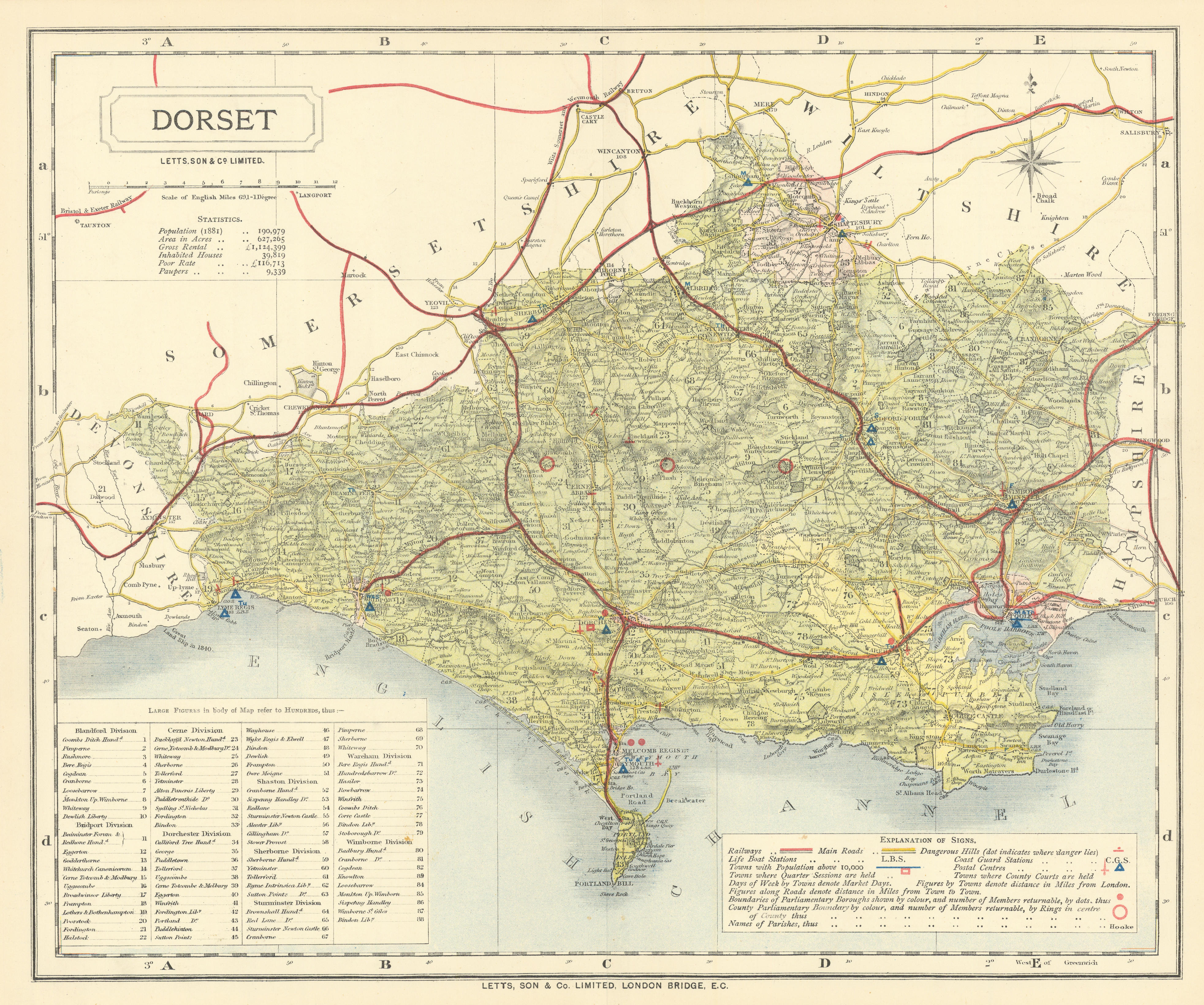 Associate Product Dorset county map showing Post Towns & Market Days. LETTS 1884 old antique