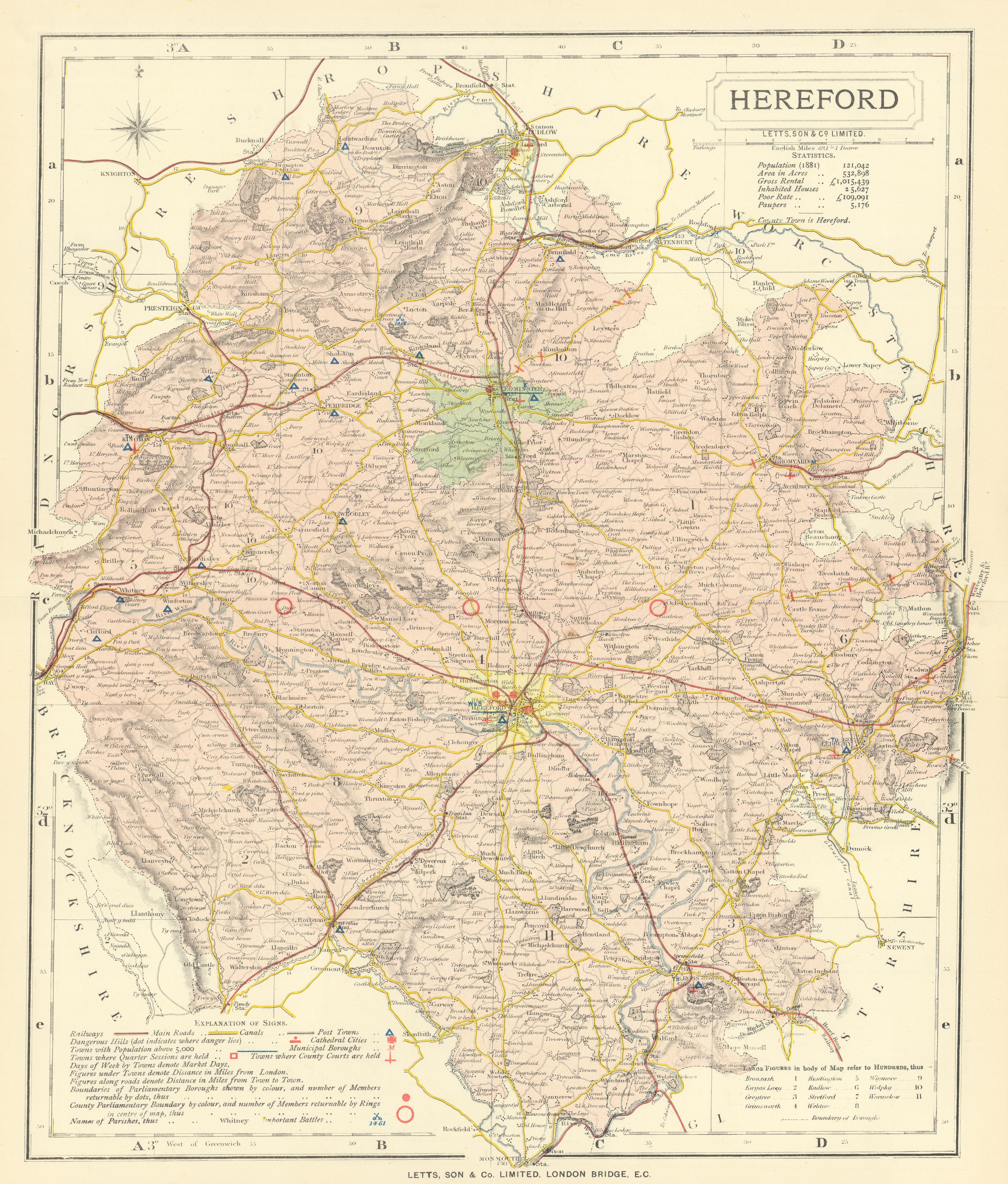 Associate Product Herefordshire county map showing Post Towns & Market Days. LETTS 1884 old