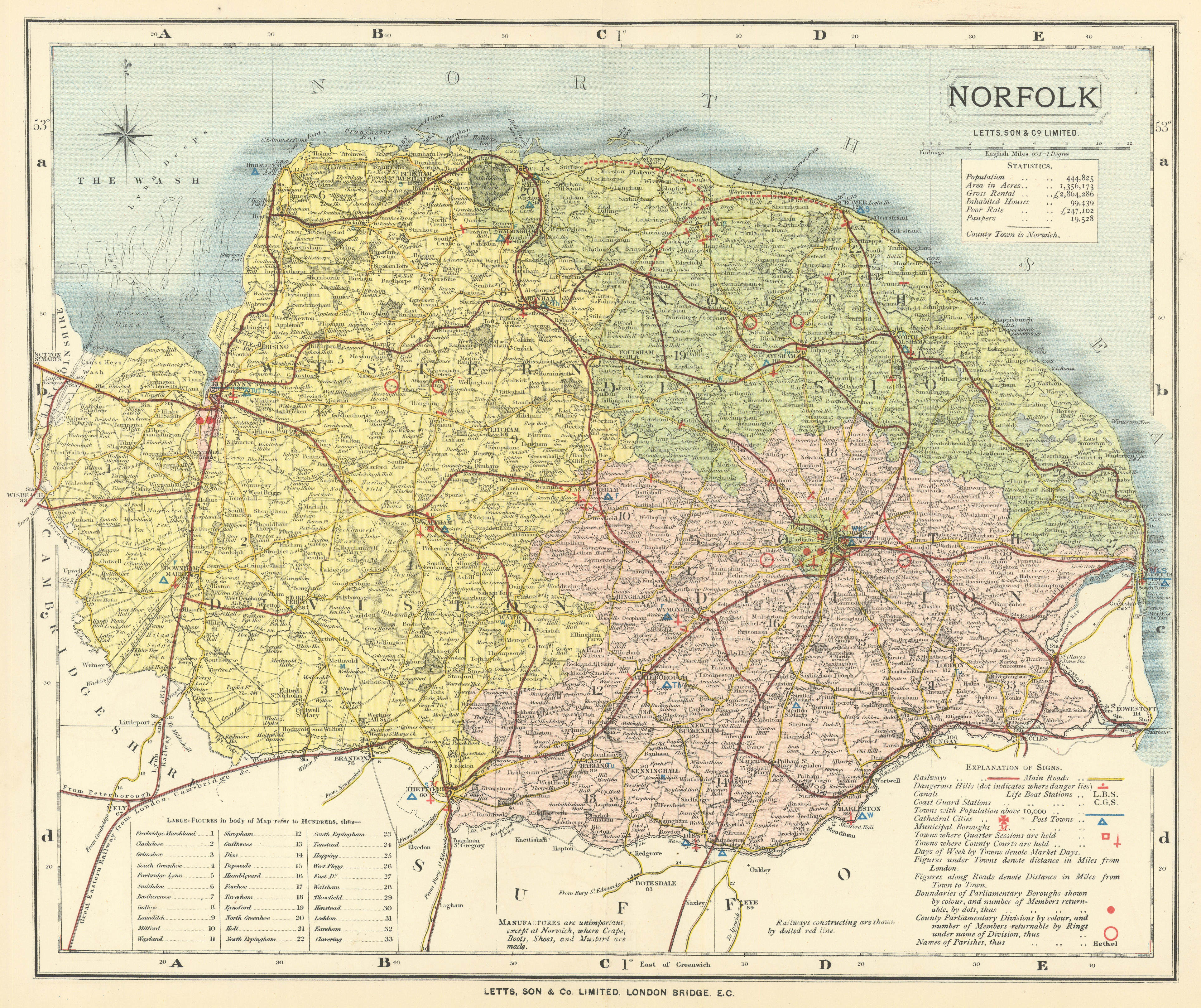 Associate Product Norfolk county map showing Post Towns & Market Days. LETTS 1884 old